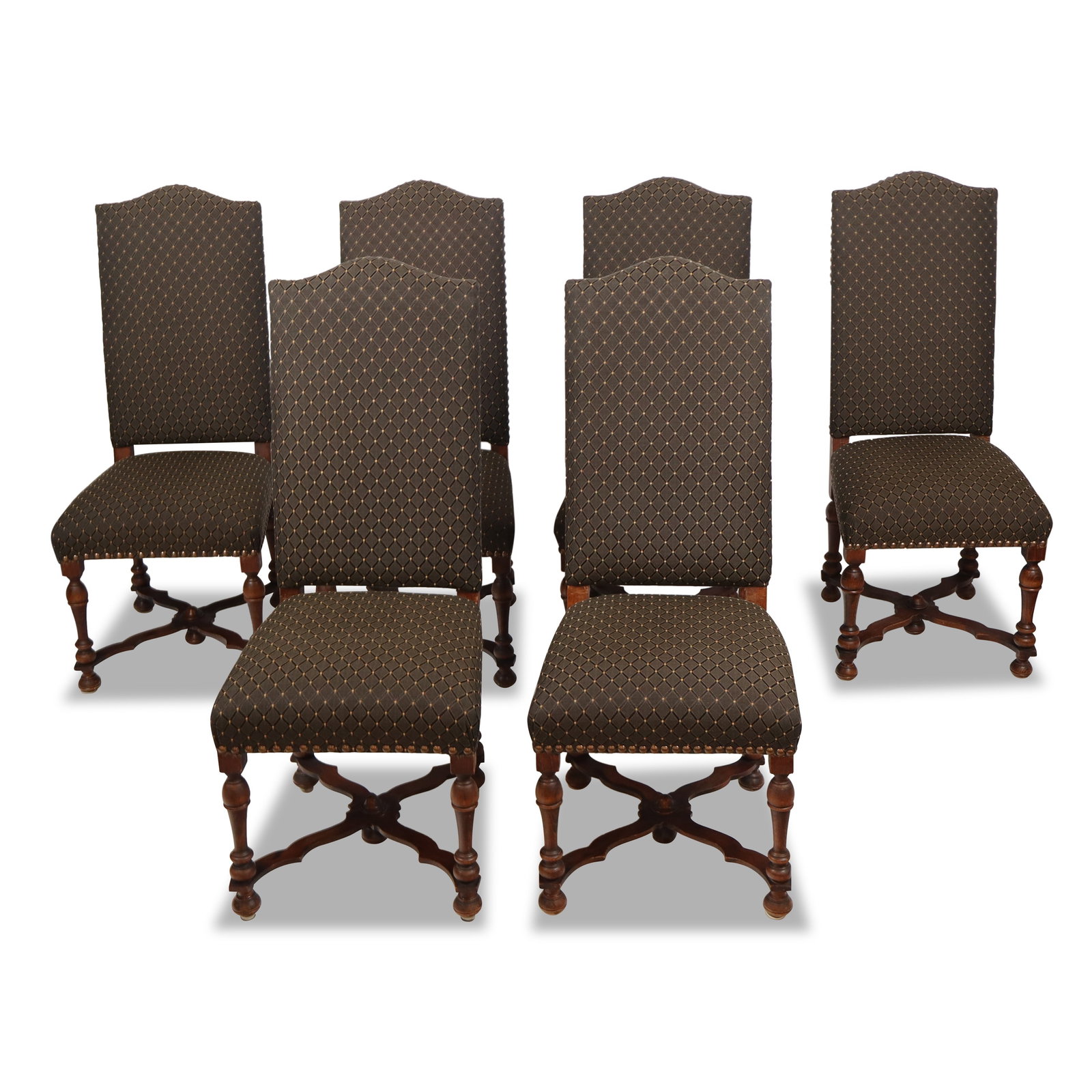 Six Carved and Upholstered Side Chairs: Six carved and upholstered side chairs with turned legs and cross-stretchers, frames 20th century, likely reupholstered. [44" H x 19" W x 20" D; seat height: 20"]. Condition throughout is good with