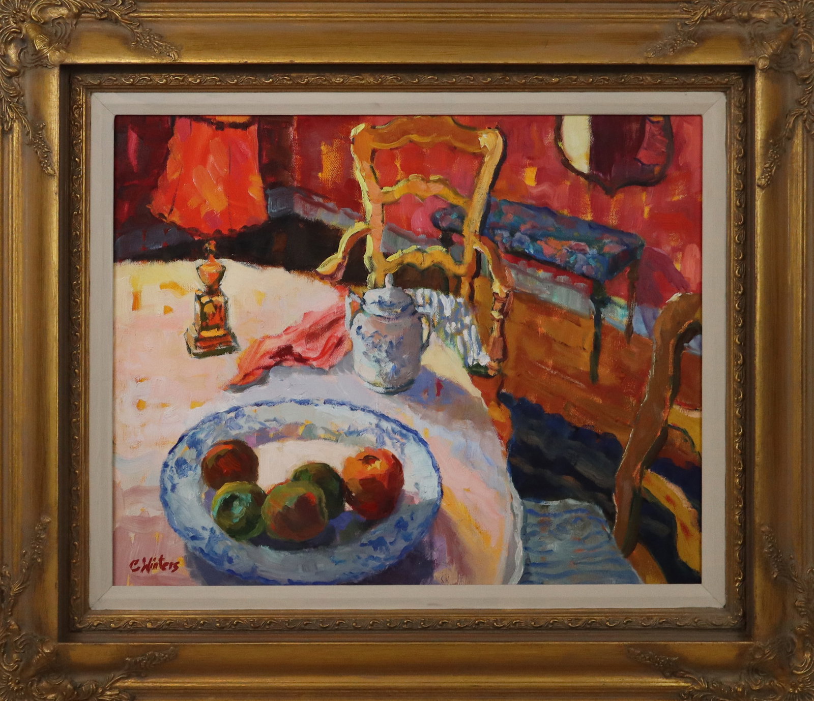 Connie WINTERS Oil on Canvas Interior Scene: Connie Winters (American, b. 20th century) oil on canvas interior scene, in a gilt frame, signed C. Winters to lower left and to verso. [Framed: 23" H x 27" W]. Condition is good.