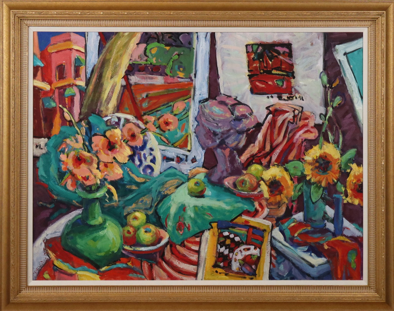 Patsy EVINS "One's Place in Life" Oil on Canvas: Patsy Evins (American, b. 20th century) "One's Place in Life," oil on canvas still life, signed to lower with Patsy Evins label to verso, in a frame. [Framed: 37" H x 47.5" W]. Condition is good.