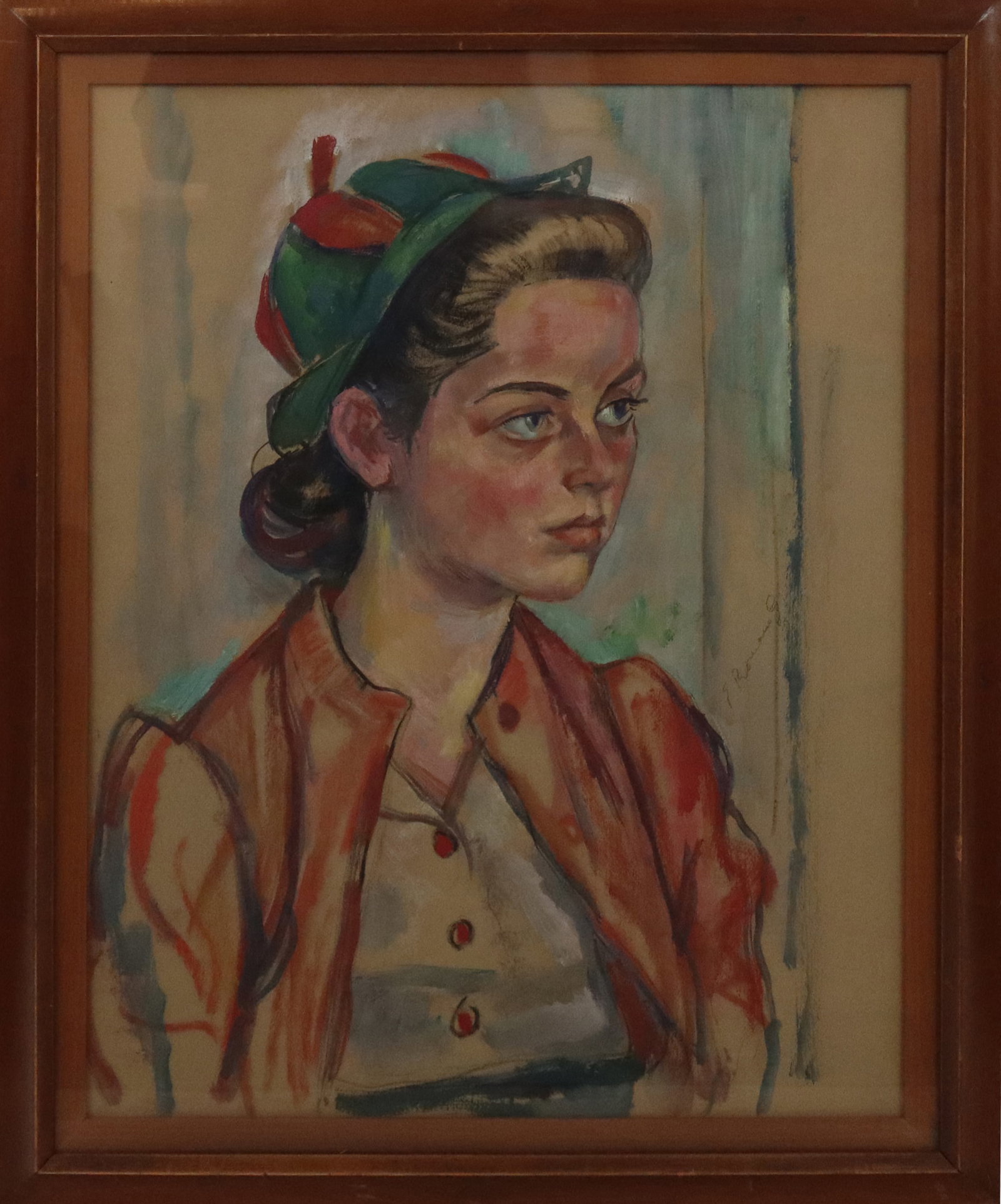 Signed Oil on Paper Portrait of a Young Woman: Signed oil on paper portrait of a young woman, mid-20th century, signed illegibly to center right, in a frame. [Framed: 29.25" H x 23.5" W]. Condition to work is good.
