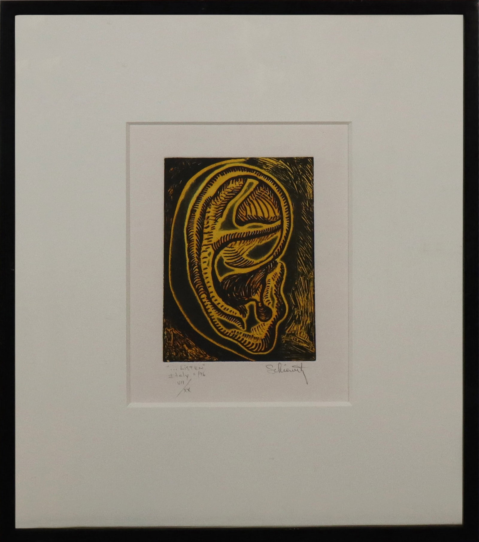 "Listen" Signed Woodblock on Paper: "Listen" woodblock on paper, 1996, signed illegibly, with date, Italy, and edition 7/20 marked in graphite to lower, in a frame. [Framed: 16.5" H x 14.5" W]. Condition is good.