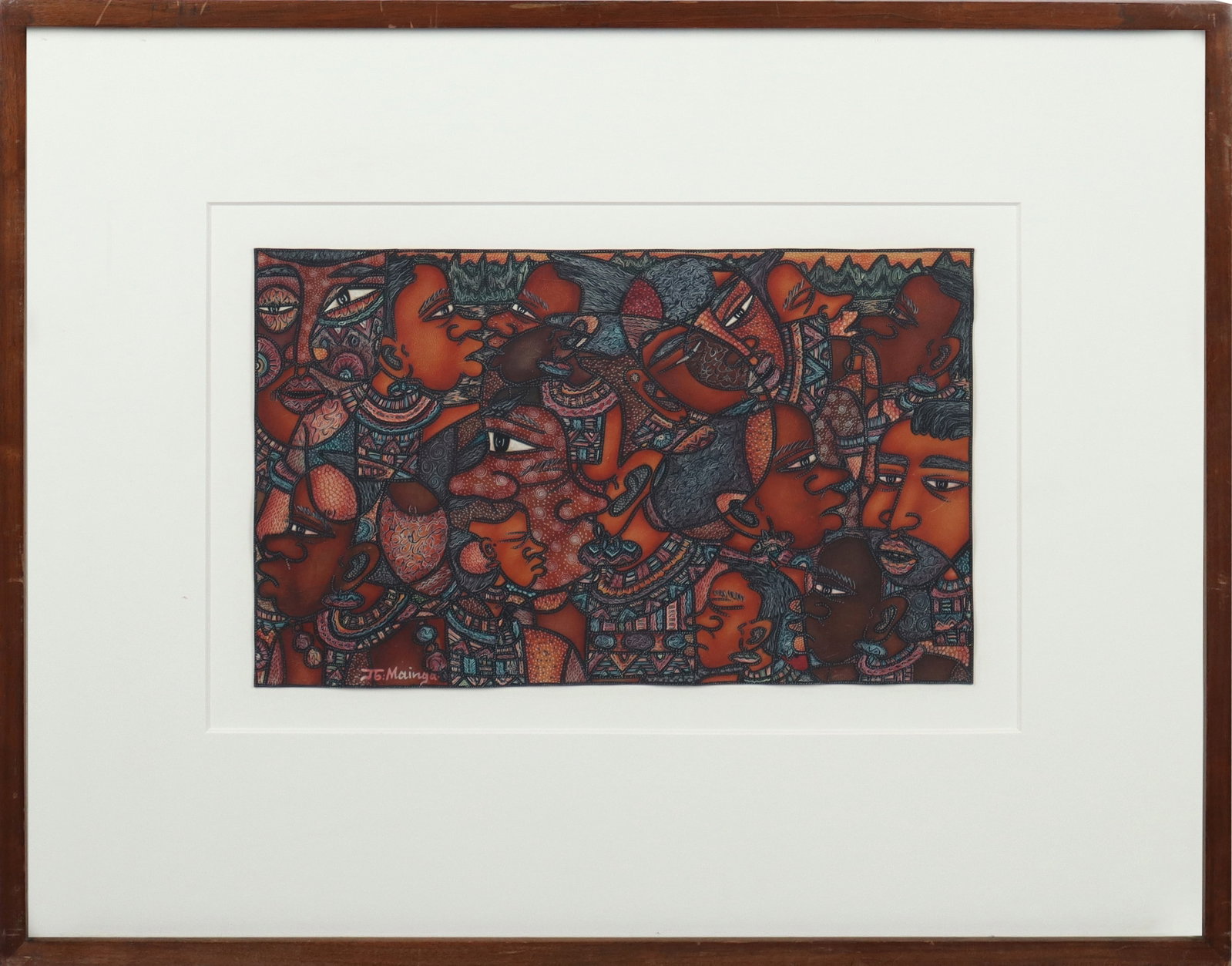John B. MAINGA Batik on Leather: John B. Mainga (Kenya, 1954-2000) figural batik on leather, signed J.B. Mainga to lower left, in a frame. [Framed: 23" H x 28.5" W]. Condition is good with natural minor waving to leather.