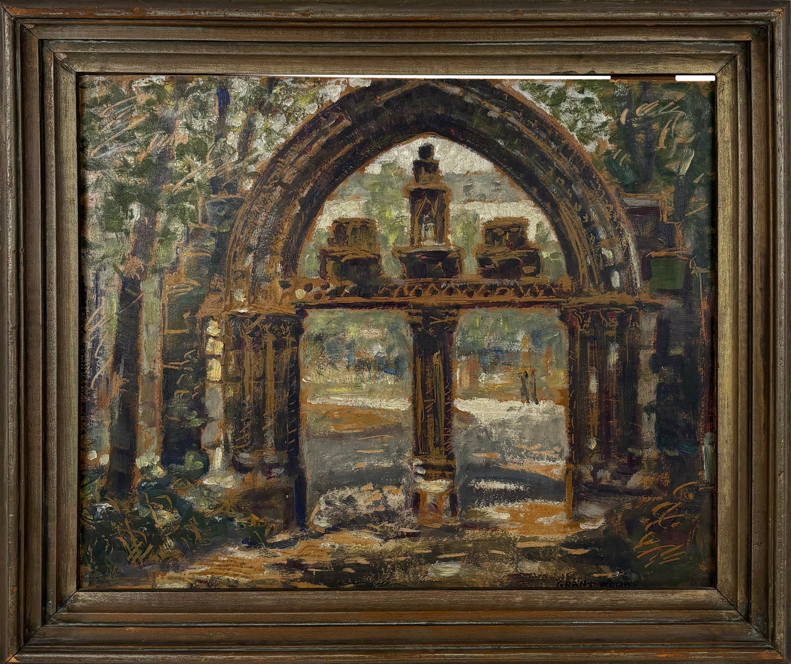 Grant WOOD "Doorway..." Oil on Board: Grant Wood (American, 1891-1942) "Doorway - Cluny Museum Paris," oil on board, likely from early in Wood's career, signed Grant Wood to lower right, with an additional inscription "Abbey Door, Paris,"