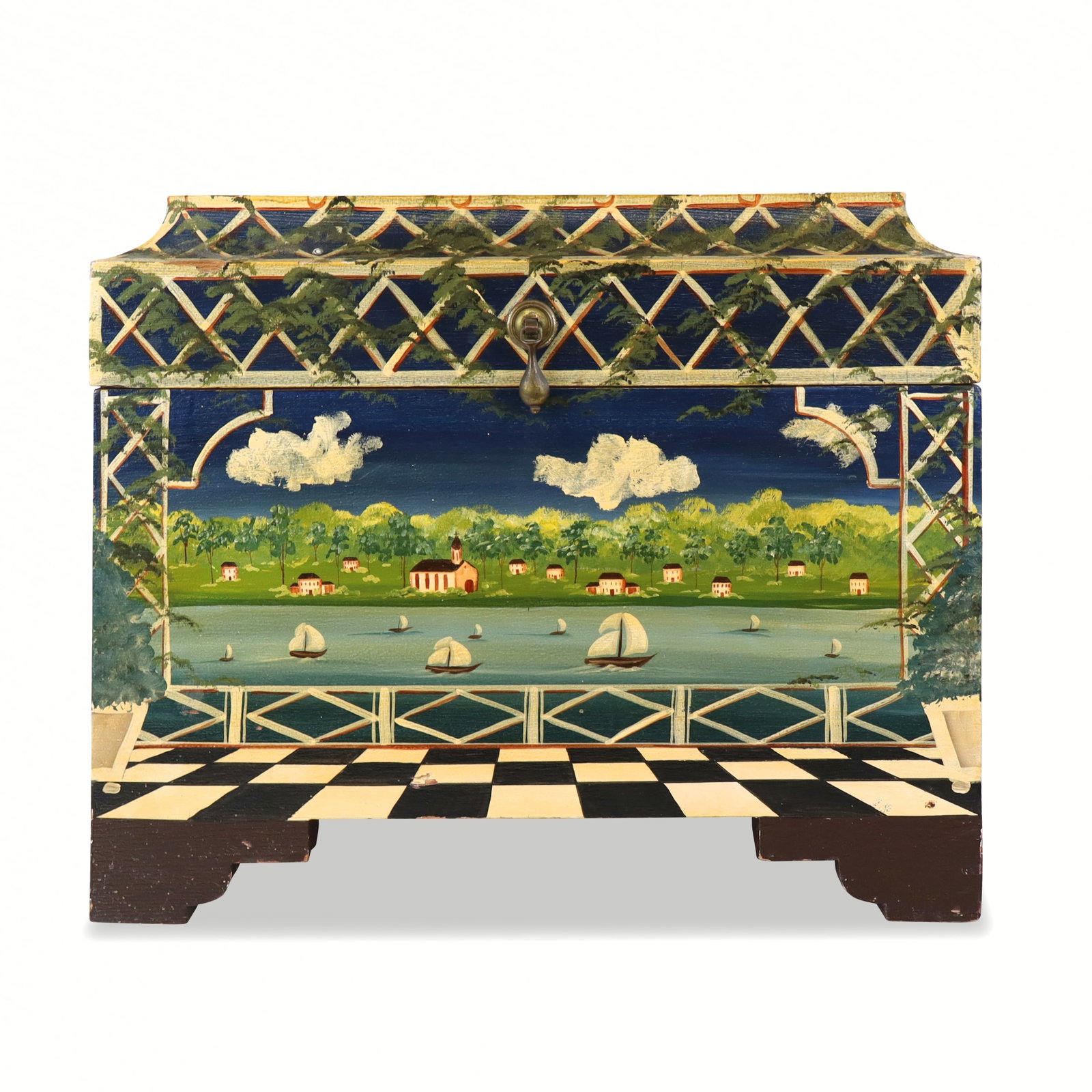 Dan Andreas Hand-Painted "Gazebo" Box: Dan Andreas hand-painted "Gazebo" box, "Fair Acres" Canton Mass, depicting a folk art harbor scene from a gazebo, signed on right side "de Mayade", bearing label to base and accompanied by purchase re
