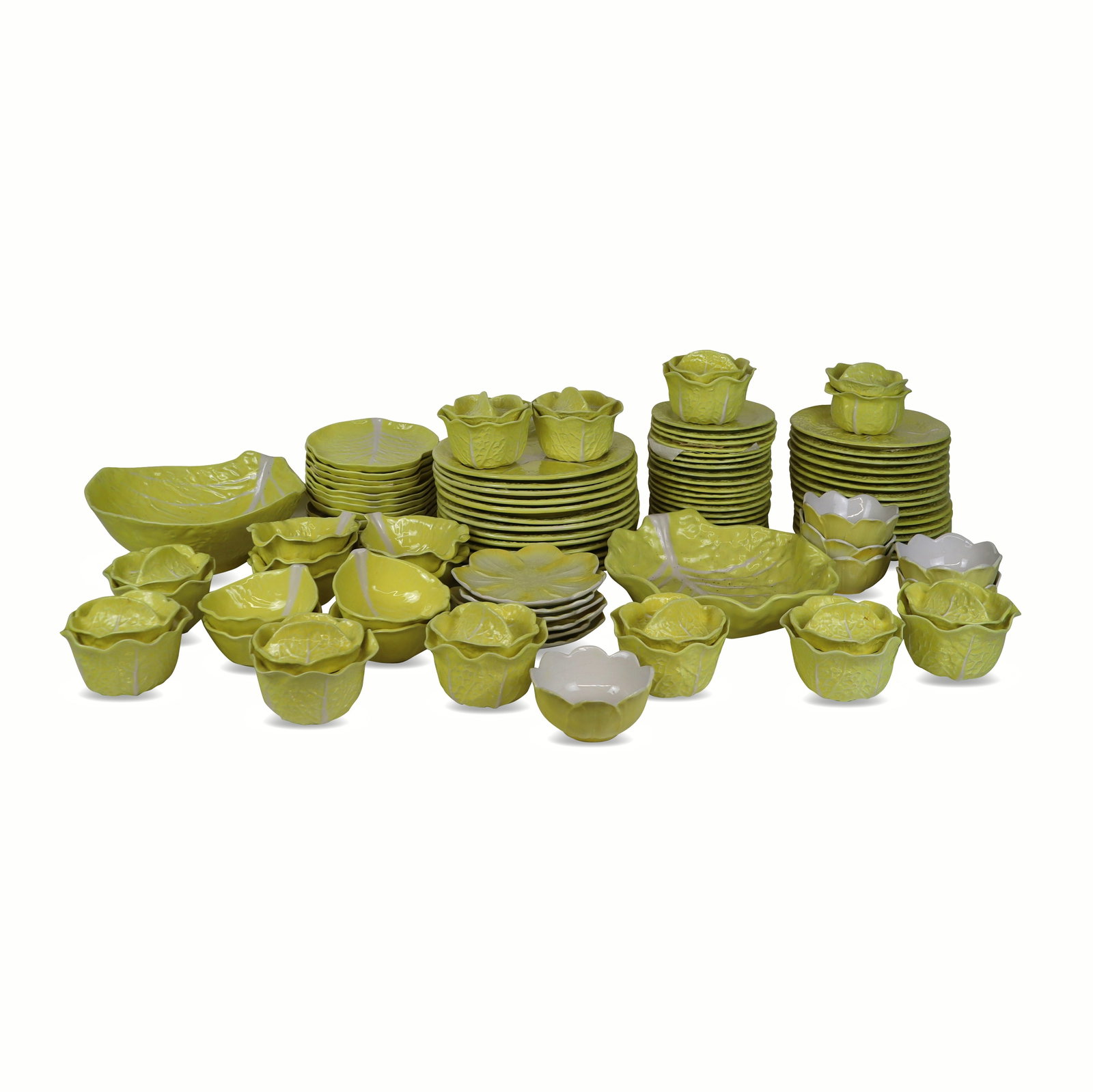 Secla Majolica Yellow Cabbage Service & Others 100: Secla yellow cabbage majolica dinner service, Portuguese, marks to base, comprising thirteen dinner plates [10.75" Diameter], fourteen salad plates [8.5" Diameter], 20 bread and butter plates [6.75" D