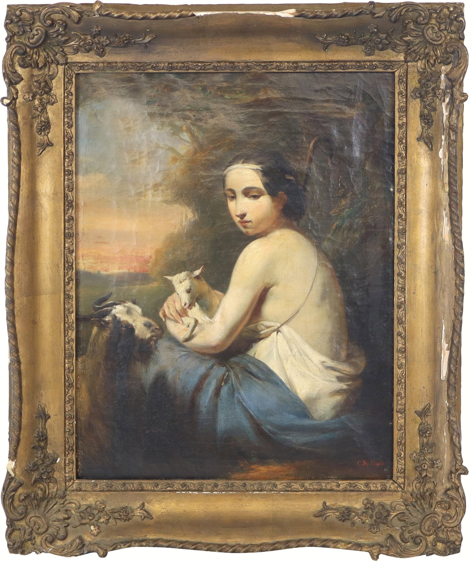 Oil on Canvas Portrait of a Shepardess: Oil on canvas portrait of a shepardess, 18th/19th century, where the figure is accompanied by a goat and a kid, signed illegibly to lower right, accompanied by a gilt frame. [Work: 15.25" H x 12" W].