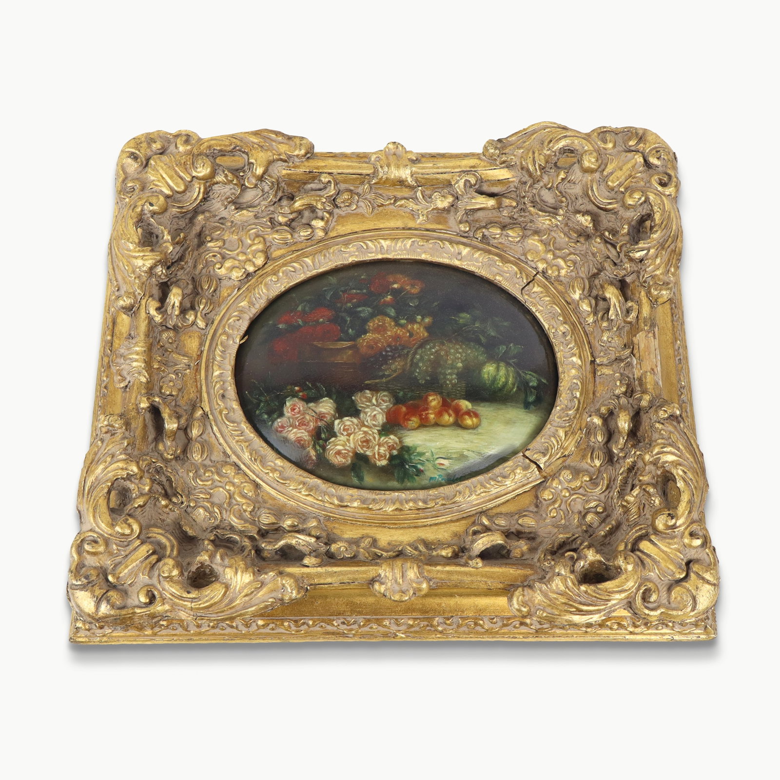 M. Paules Oil on Panel Still Life: M. Paules (France, b. 20th century) oil on convex panel still life with flowers in a gilt frame, signed M. Paules to work at lower right, and accompanied by a certificate affixed to verso, in a