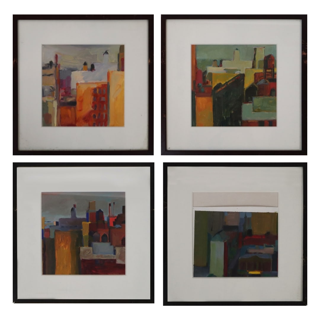 Connie HAYES 4 Oil on Paper Architectural Scenes: Connie Hayes (American, b. 1952) set of four oil paintings on prepared paper depicting abstract architectural scenes, 1993-95, signed lower right "C. Hayes," three bearing artist's labels to verso, ea