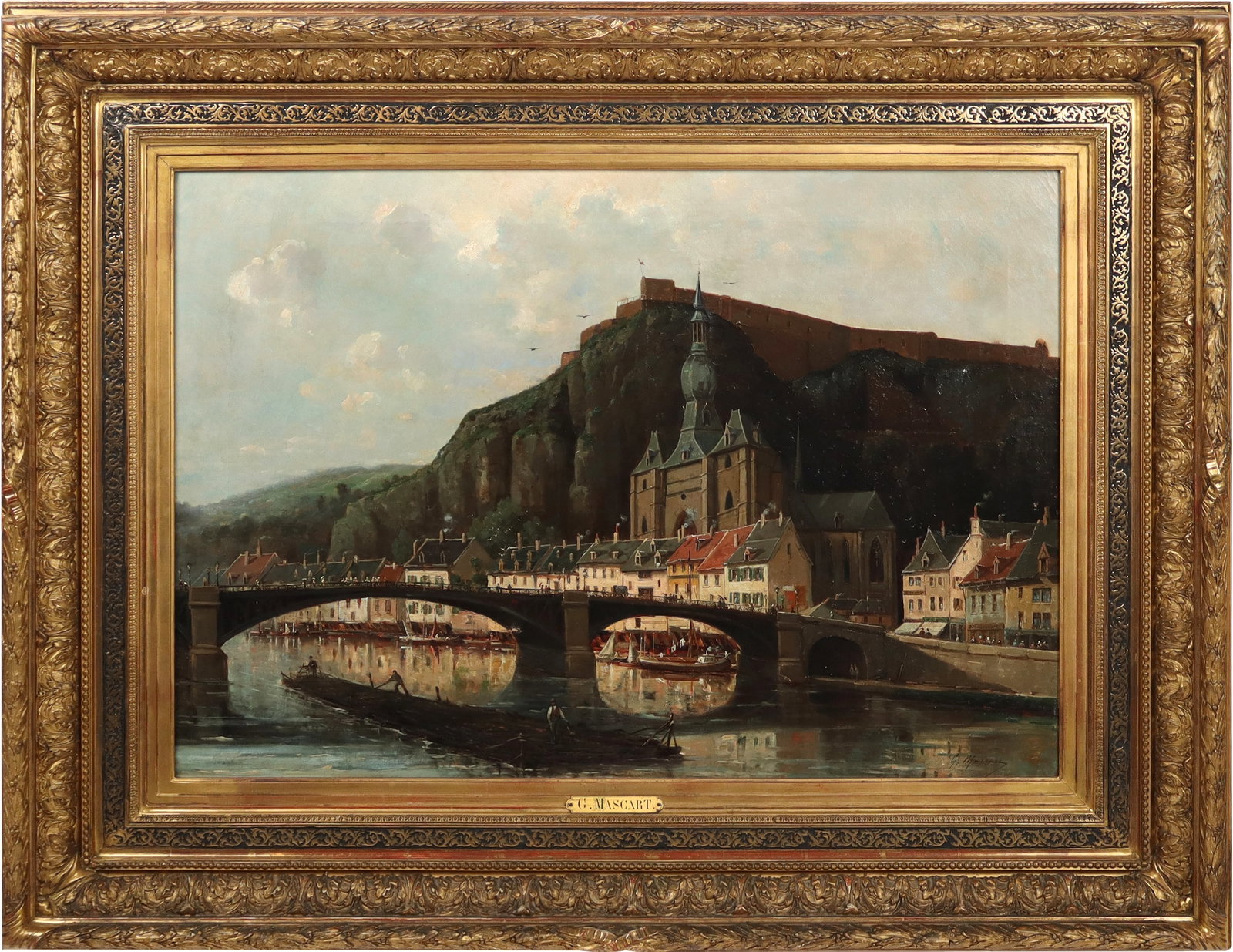 Gustave MASCART Belgian Canal Scene Oil on Canvas: Gustave Mascart (French, 1834-1914) oil on canvas Belgian canal scene depicting a scenic view of a bridge over the Meuse river with the citadel of Dinant looming in the background, signed lower right 