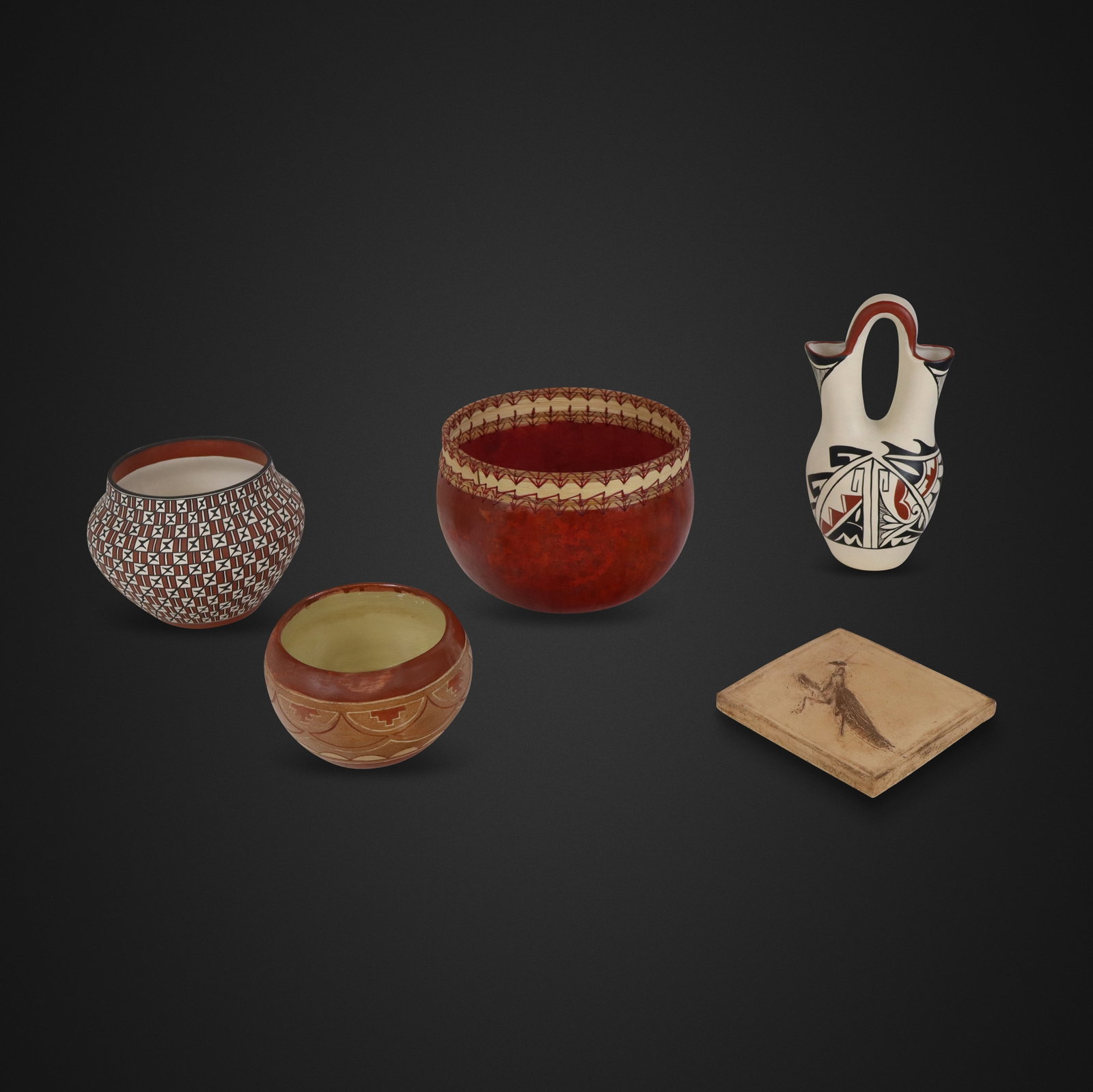 Group of Native American Vessels and Tile, 5: Group of Native American vessels, comprising a P. Waquie white, black and terra cotta colored wedding vase, Jermez Pueblo, New Mexico [10" H x 5" W x 4.24" D], a Loretta Garcia pottery vase, Acoma
