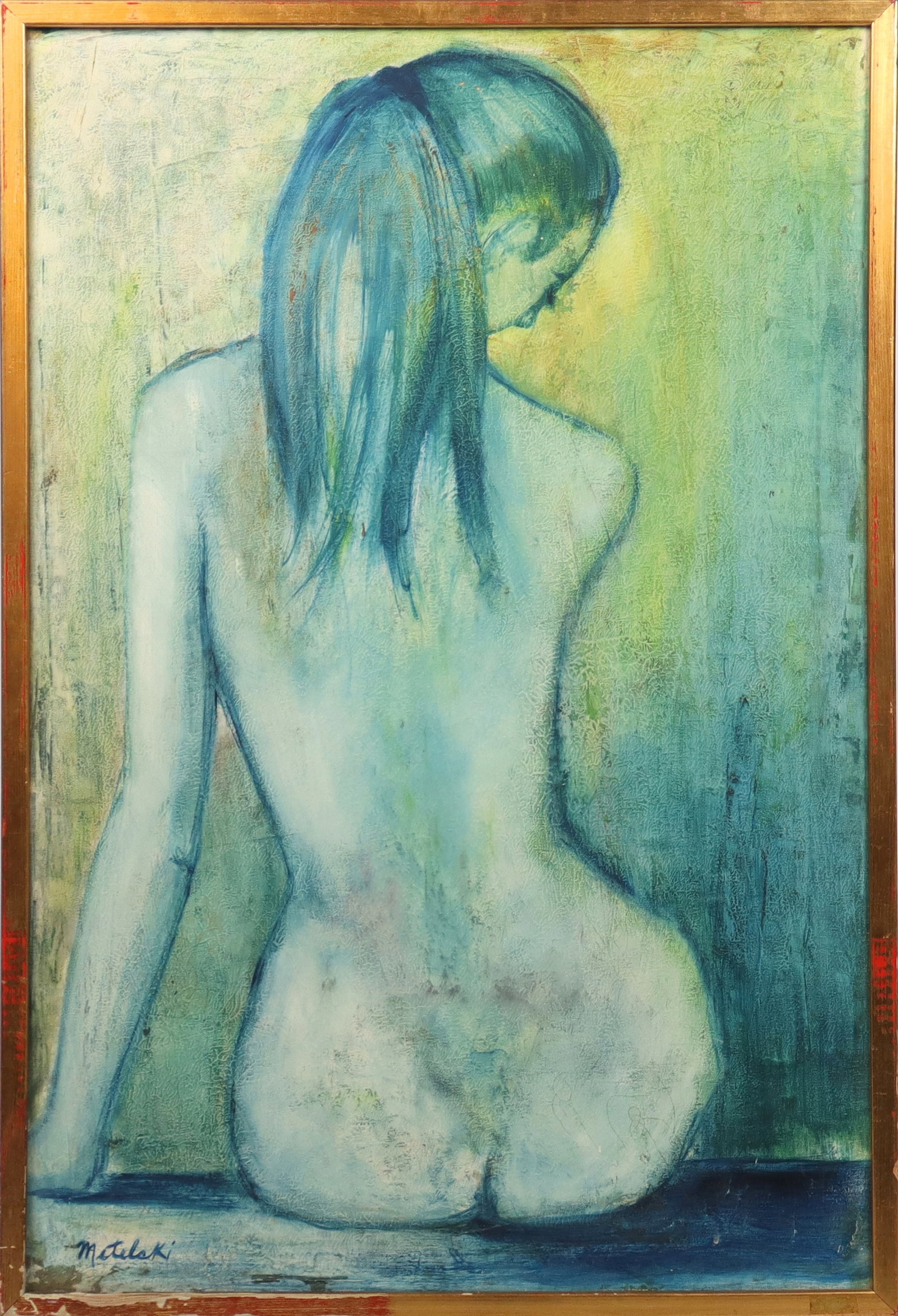 METELSKI Oil on Canvas Blue Nude: Framed oil on canvas depicting a back view of a seated nude female, signed lower left "Metelski" (?). [Canvas: 36.25" H x 25" W; Frame: 37.25" H x 25.25" W]. Areas of craquelure, some small losses and