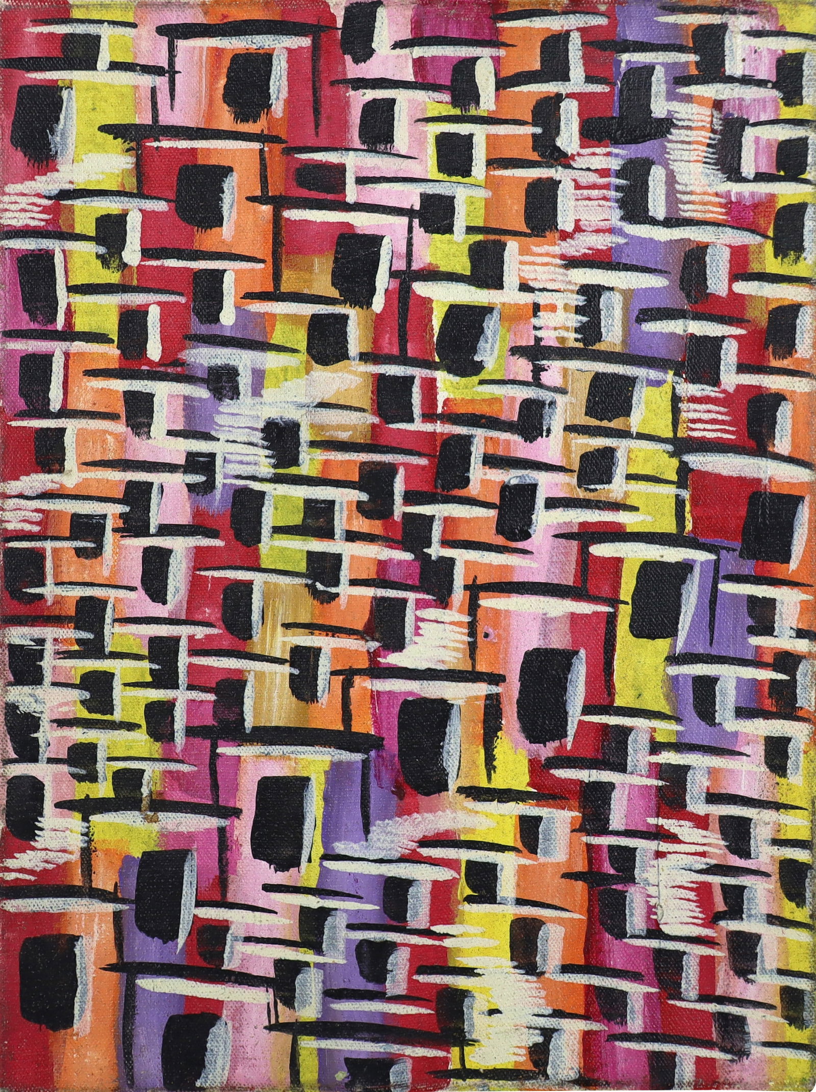 WILLIAN Miniature Abstract Oil on Canvas: Miniature unframed oil on canvas depicting an abstract geometric grid-like pattern in multicolor, signed and dated to verso "Willian 11/06". [Canvas: 8" H x 6" W]. As-is condition, canvas loose and wo