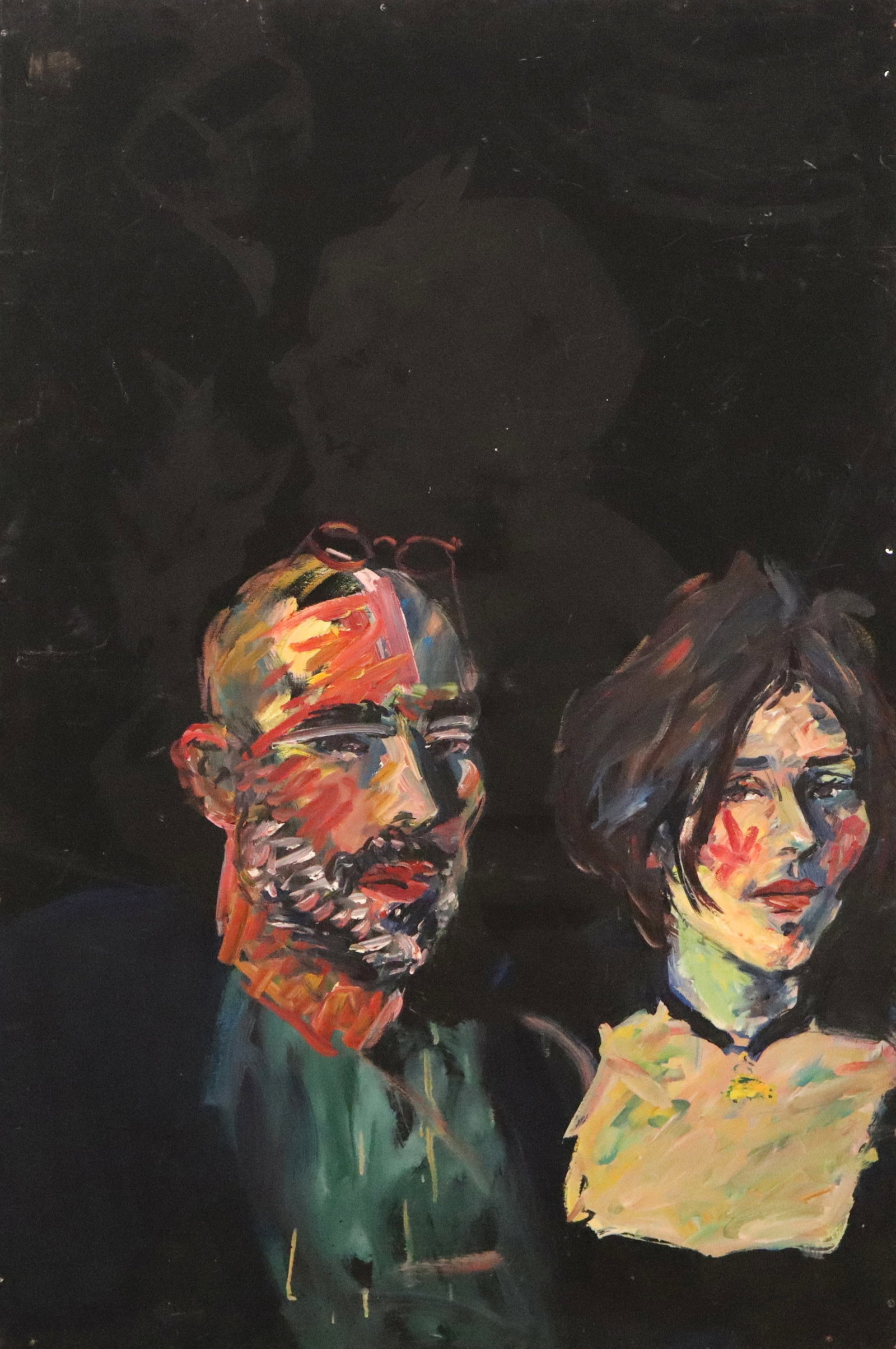 Oil on Panel Portrait of a Man & Woman: Oil on panel colorful painting depicting a double portrait of a man and woman with a shadowed figure in the background, no apparent signature. [48.5" H x 31" W]. Bottom of panel missing, some surface 