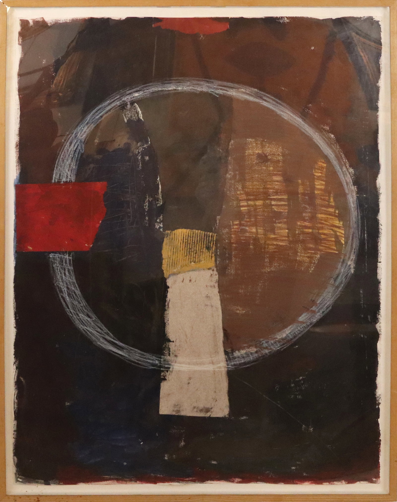 Andrea SHAPIRO "Keyhole" Mixed Media: Andrea Shapiro (American, 20th Century) framed abstract mixed media composition titled "Keyhole" 1995, signed and dated in pencil lower right. [Sheet: 50" H x 38" W; Frame: 53" H x 41.5" W]. Sheet in