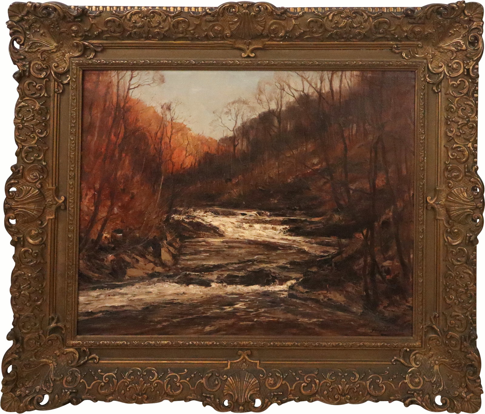 Autumn River Landscape Oil on Canvas: Oil on canvas depicting an Autumn landscape with wooded rushing river, signed illegibly lower right "Joseph Franzon" (?), contained within elaborate gilt frame. [Canvas: 25" H x 32" W; Frame: 37" H x