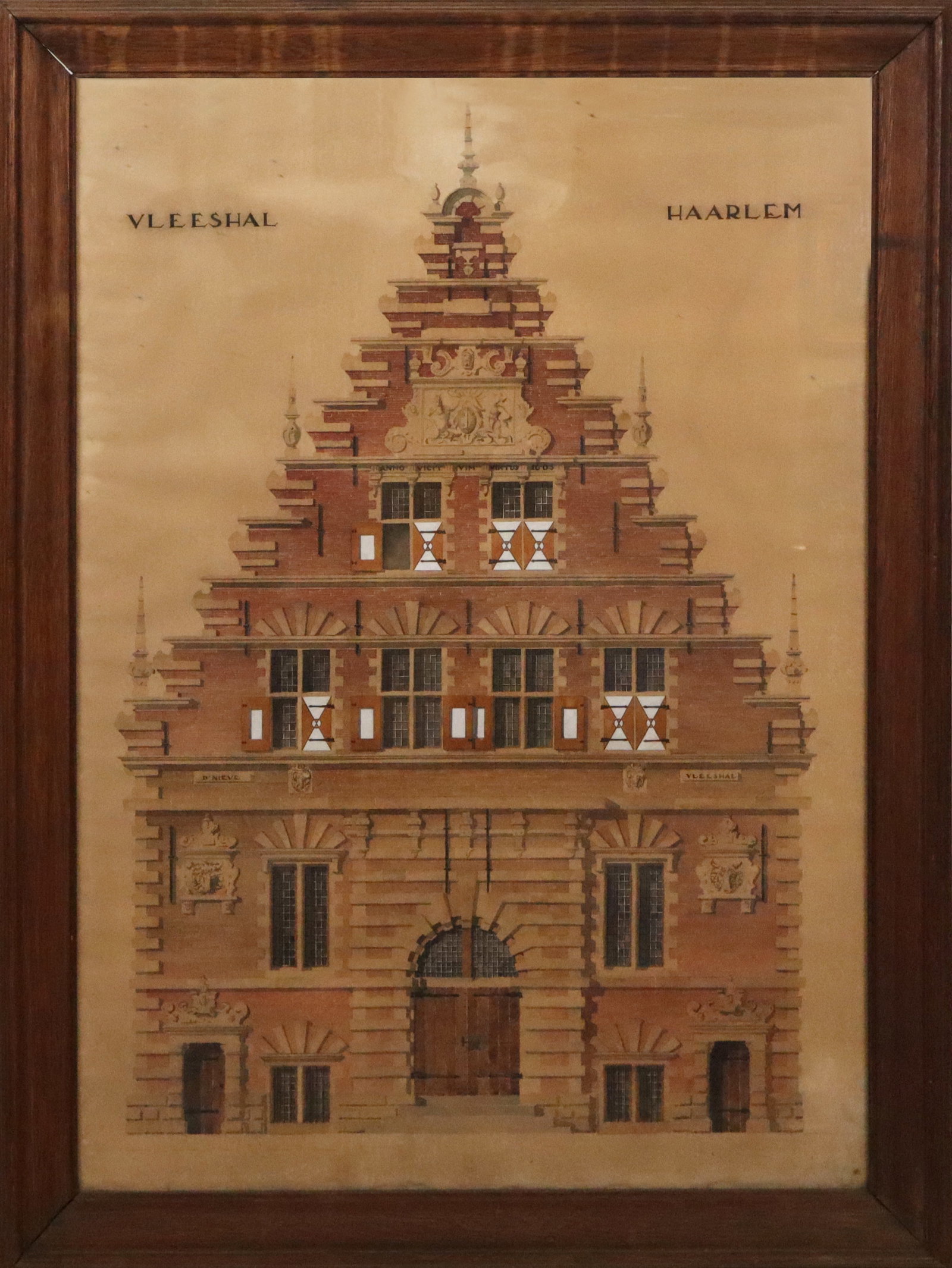 Antique Architectural Study, Vleeshal Haarlem: Antique architectural illustration of the Vleeshal in Haarlem, Netherlands, late 19th-early 20th century, with faint, illegible inscriptions to lower margin, in oak frame. [Sight: 38" H x 26" W;