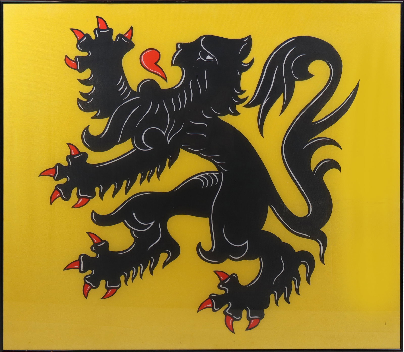 Vlaamse Leeuw, Framed Flemish Flag: Framed flag of Flanders depicting the Vlaamse Leeuw (Flemish lion), bearing Belgian gallery label to verso. [Frame: 41.5" H x 38" W]. Overall good condition.