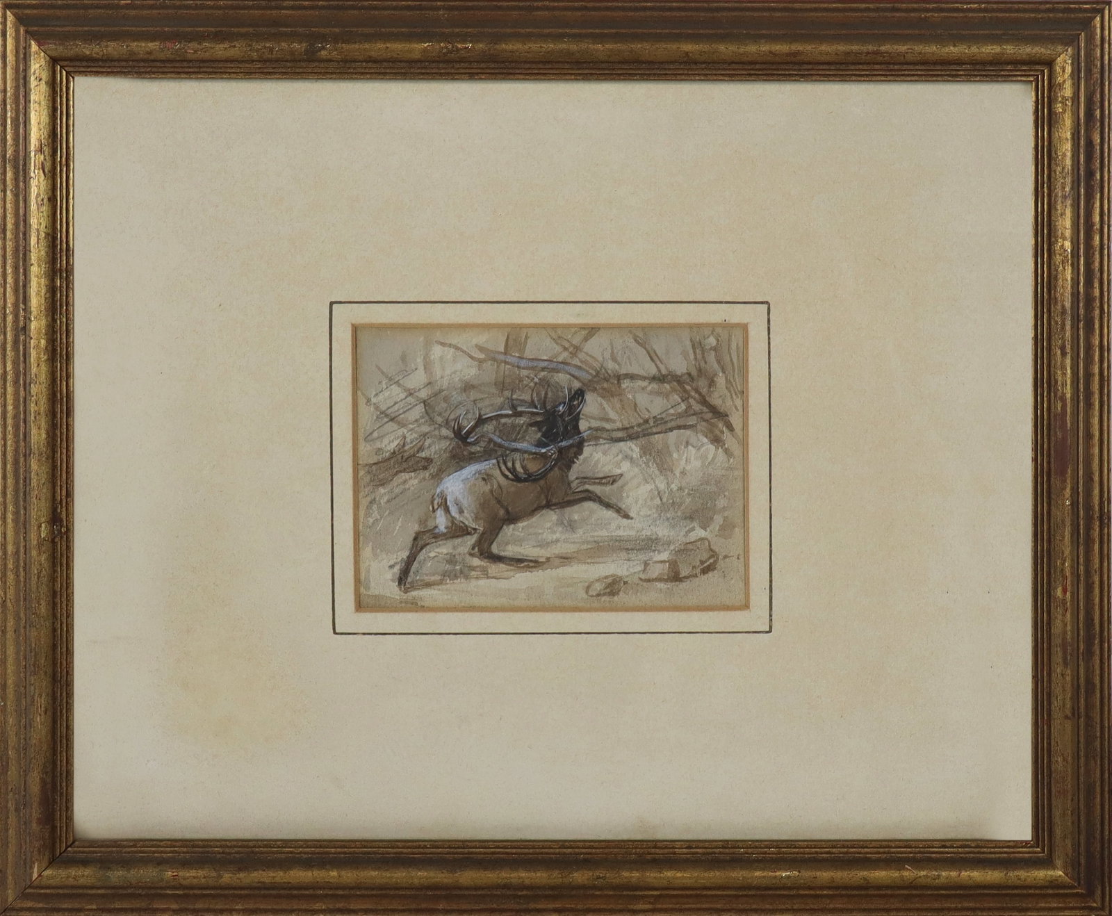 Gouache of an Elk: Gouache of an elk, 20th century, in a frame, apparently unsigned. [Framed: 11.5" H x 14" W]. Condition is good with some water damage at frame verso.