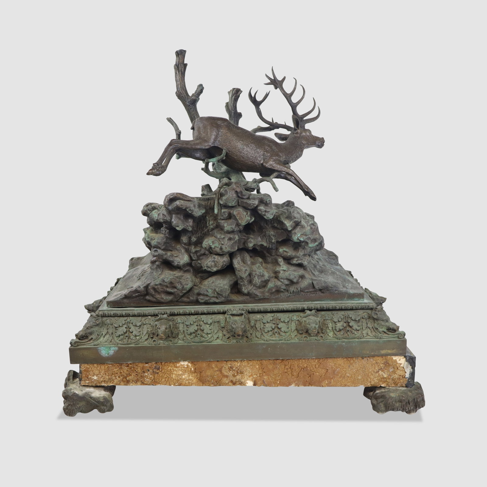 Hubert OBRY Bronze Scene with Stag: Hubert Obry (France, 1808-1853) bonze scene with a stag, 1840, on an affixed base with dog and boar frieze and resting on a marble mounted base with bronze feet, signed Hubert Obry with date to side. 