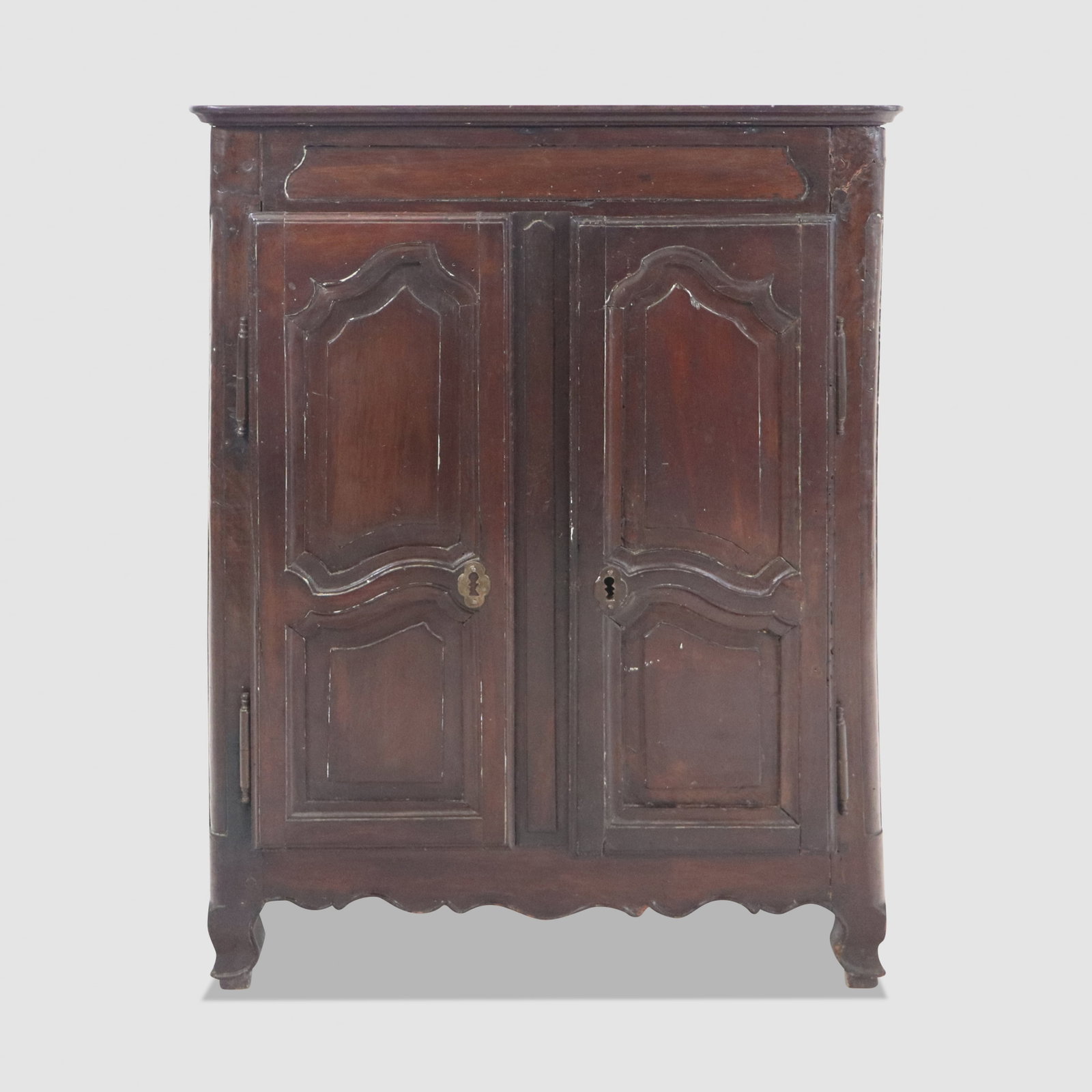 Louis XV Diminutive Wardrobe: Louis XV diminutive wardrobe, 19th century, with mahogany veneer and two fabric-lined shelves to interior. [26" H x 20" W x 8" D]. Condition is good to fair with surface wear and cracking, some paint 