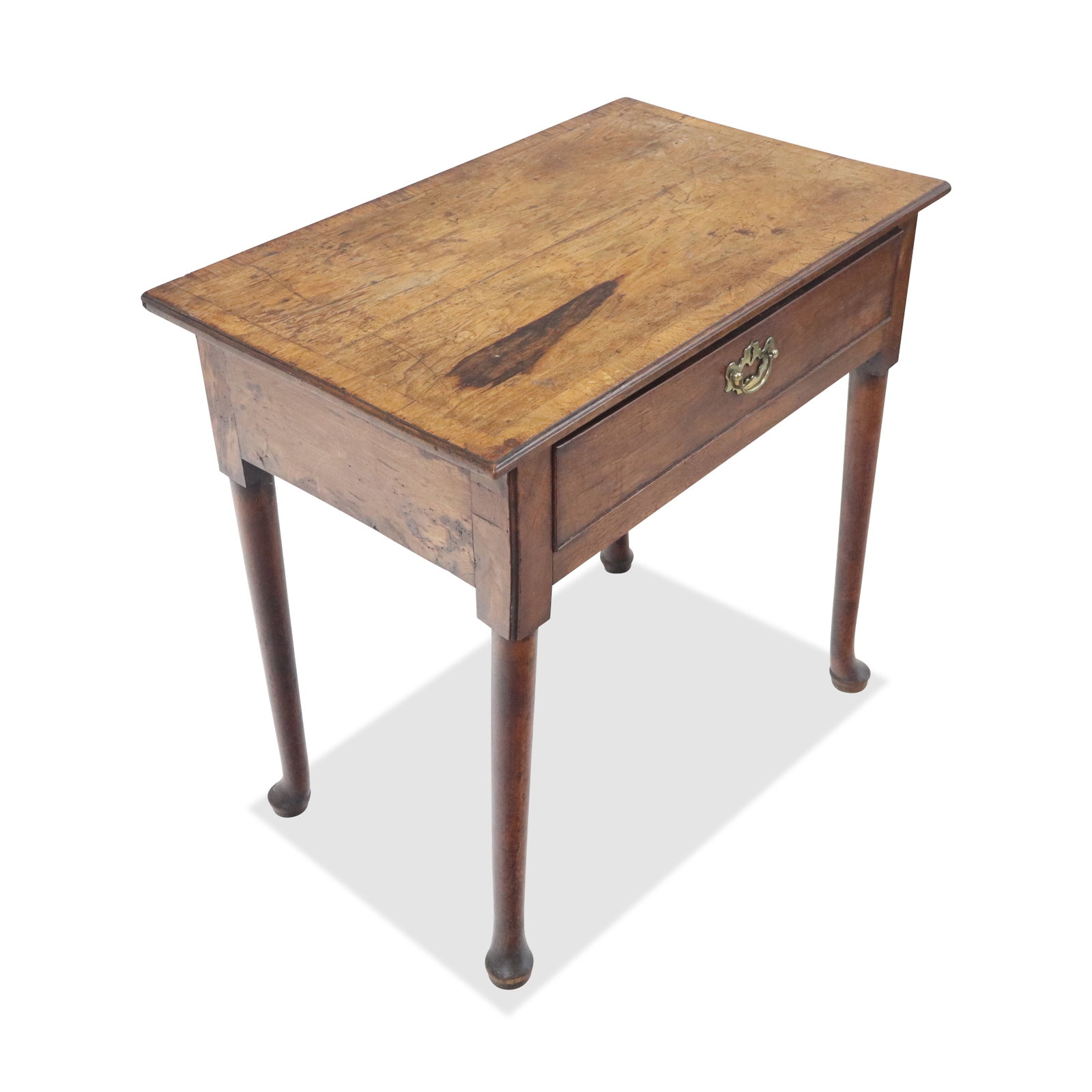 Queen Anne Oak Table: Queen Anne oak table, 18th century, with a brass mounted drawer on pad feet. [29" H x 30" W x 18.5" D]. Condition is good with age-commensurate surface wear.