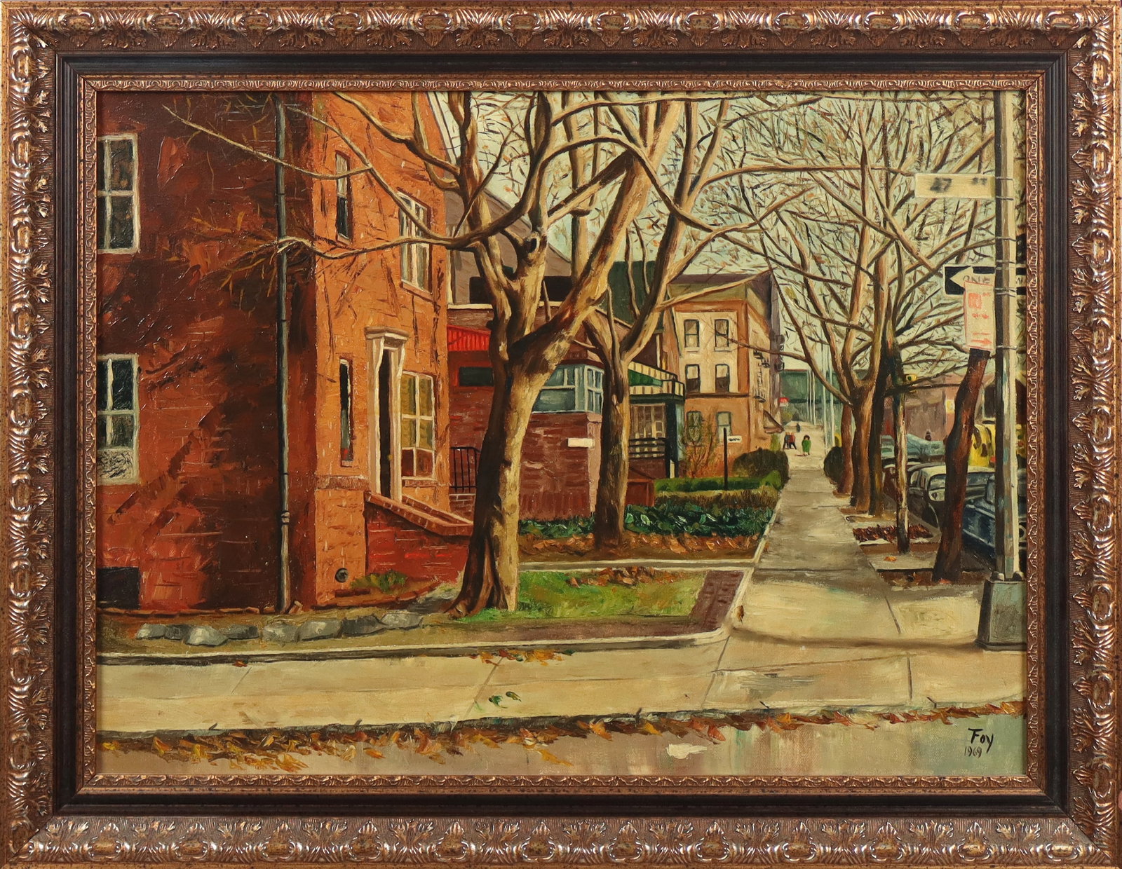 20th Century Oil on Canvas, Signed "Foy": Oil on canvas, American, 20th century, depicting a city street scene with houses and tree lined sidewalk, signed and dated lower right "Foy 1969," framed. [Canvas: 18" H x 24" W; Frame: 22" H x 28" W]