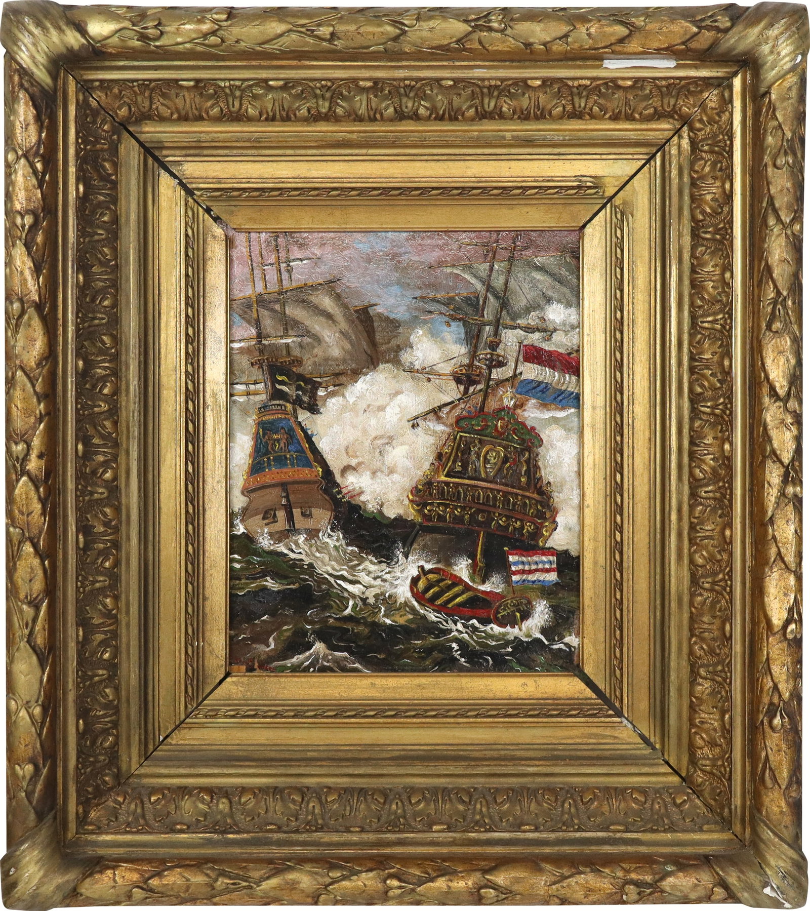Antique Oil on Panel, Ships at Battle: Antique maritime oil on panel painting depicting a Dutch naval scene with two ships battling on rough seas, signed illegibly lower left, contained in ornate gilt frame. [Panel: 9.75" H x 7.75" W; Fram
