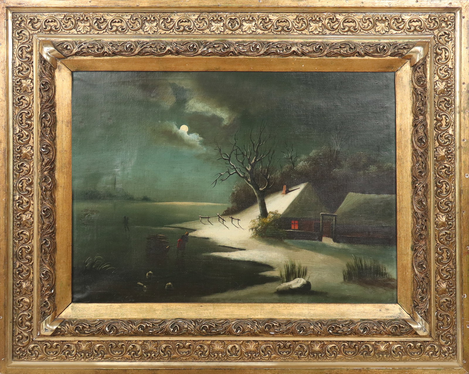 Antique Oil on Canvas, Moonlit Snowy Landscape (1 of 12)