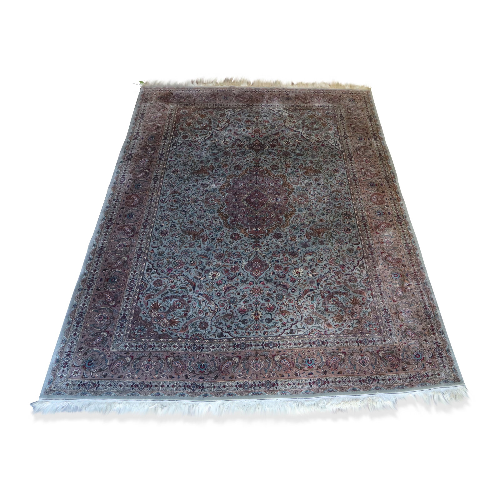 Turkish Oushak Rug: Turkish Oushak rug, later 20th century, with elaborate decoration including central medallion and floral, bird, and phoenix decoration to a sage green ground, surrounded by a double border with fringe