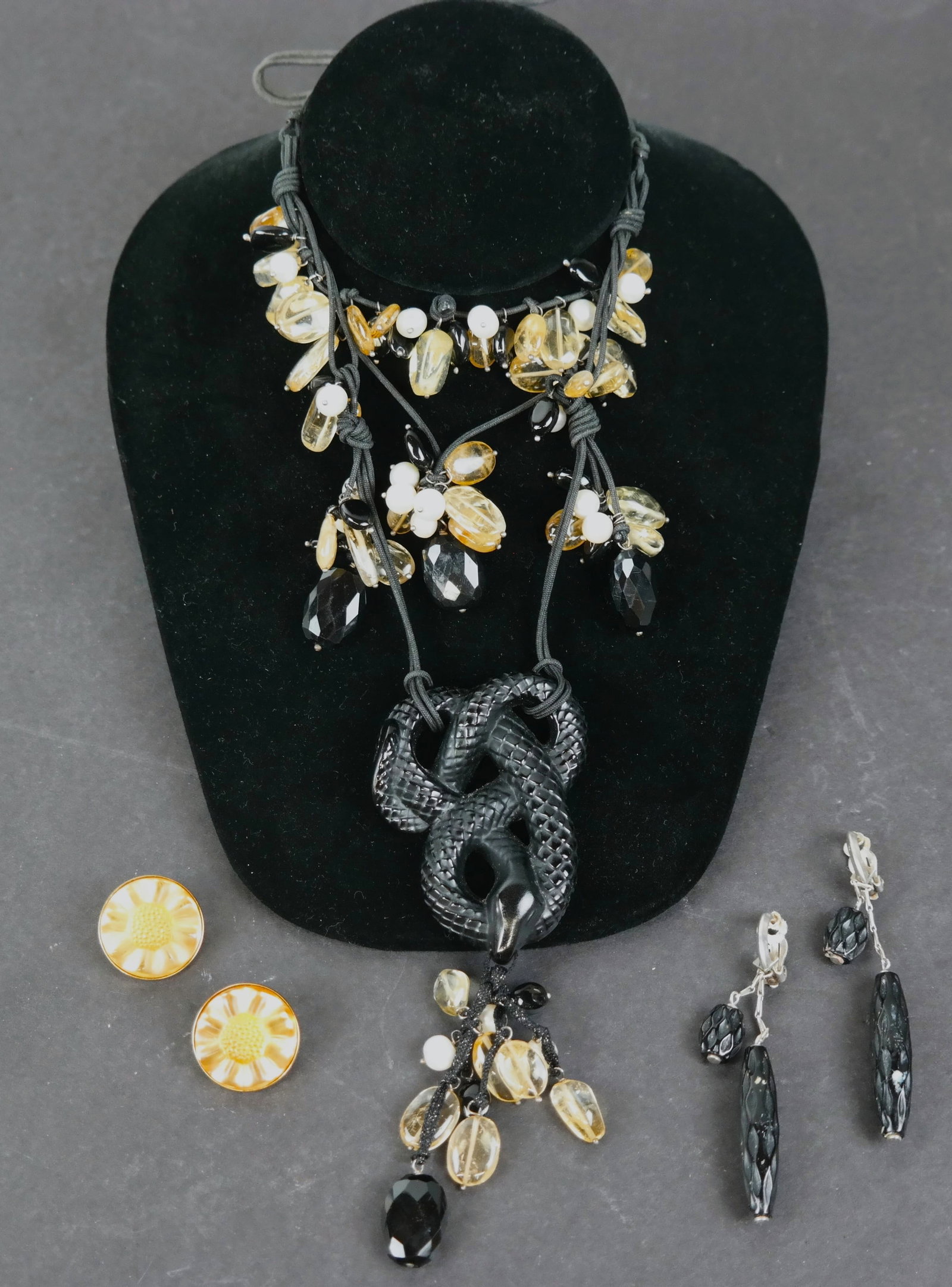 Lalique "Tourbillons" Necklace Earring Set, & Ring: Lalique "Tourbillions" crystal, enamel and silver necklace and pair of earrings, together "Ice Light" crystal ring, all signed "Lalique", necklace with French silver assay marks, earrings and ring mar