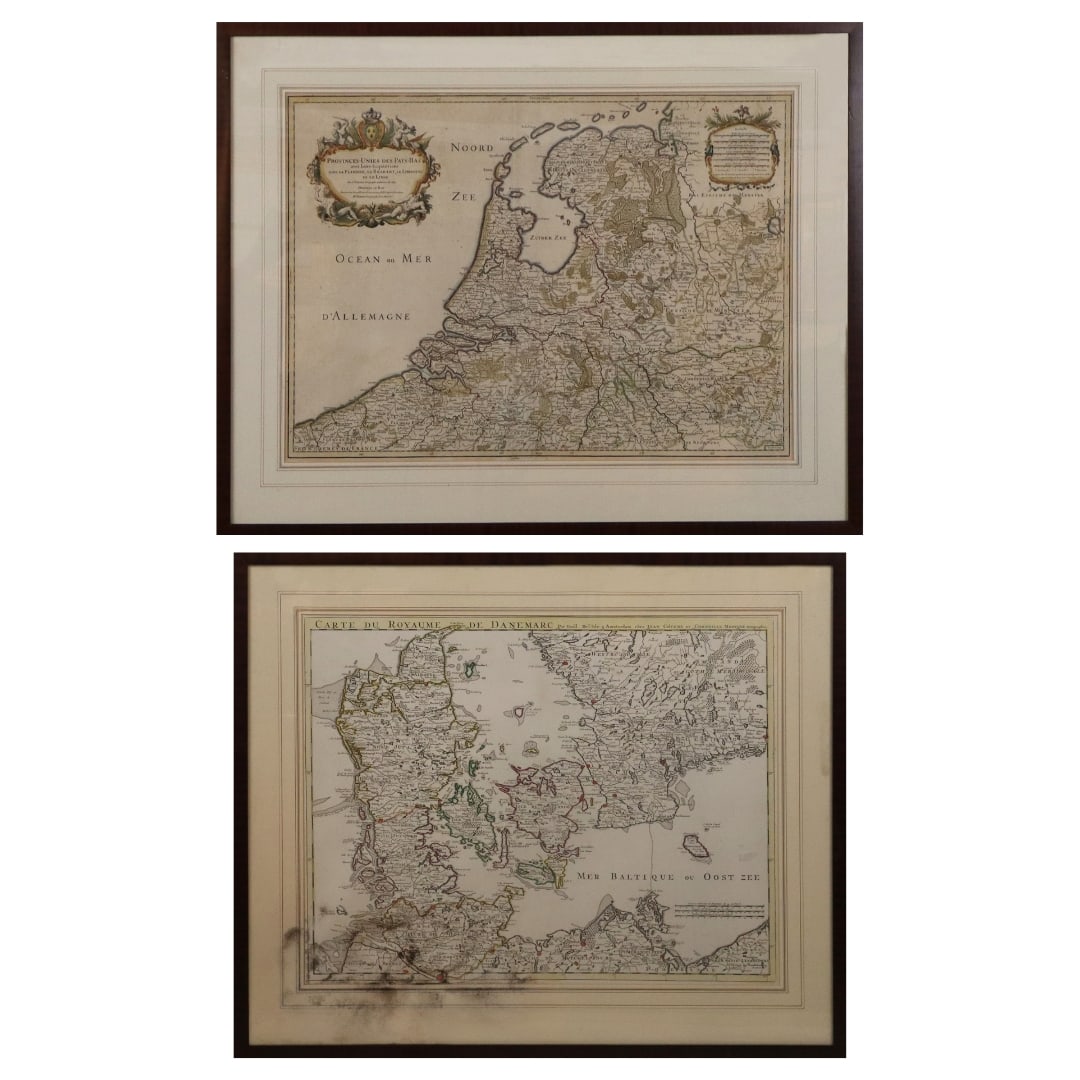 Two Antique Map Engravings, Netherlands & Denmark: Two antique hand colored map engravings, early-mid 20th century, including an engraving after an 18th century map of the Netherlands by Guillaume Sanson "Provinces-Unies des Pays-Bas avec leurs Acquis