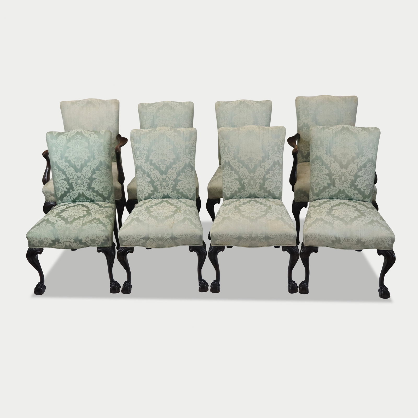 George III Set of 12 Dining Chairs: Set of George III dining chairs, 19th century, with blue damask upholstery and carved ball and claw feet, comprising armchairs and side chairs. [Armchairs: 40" H x 25" W x 23" D; seat height 21";