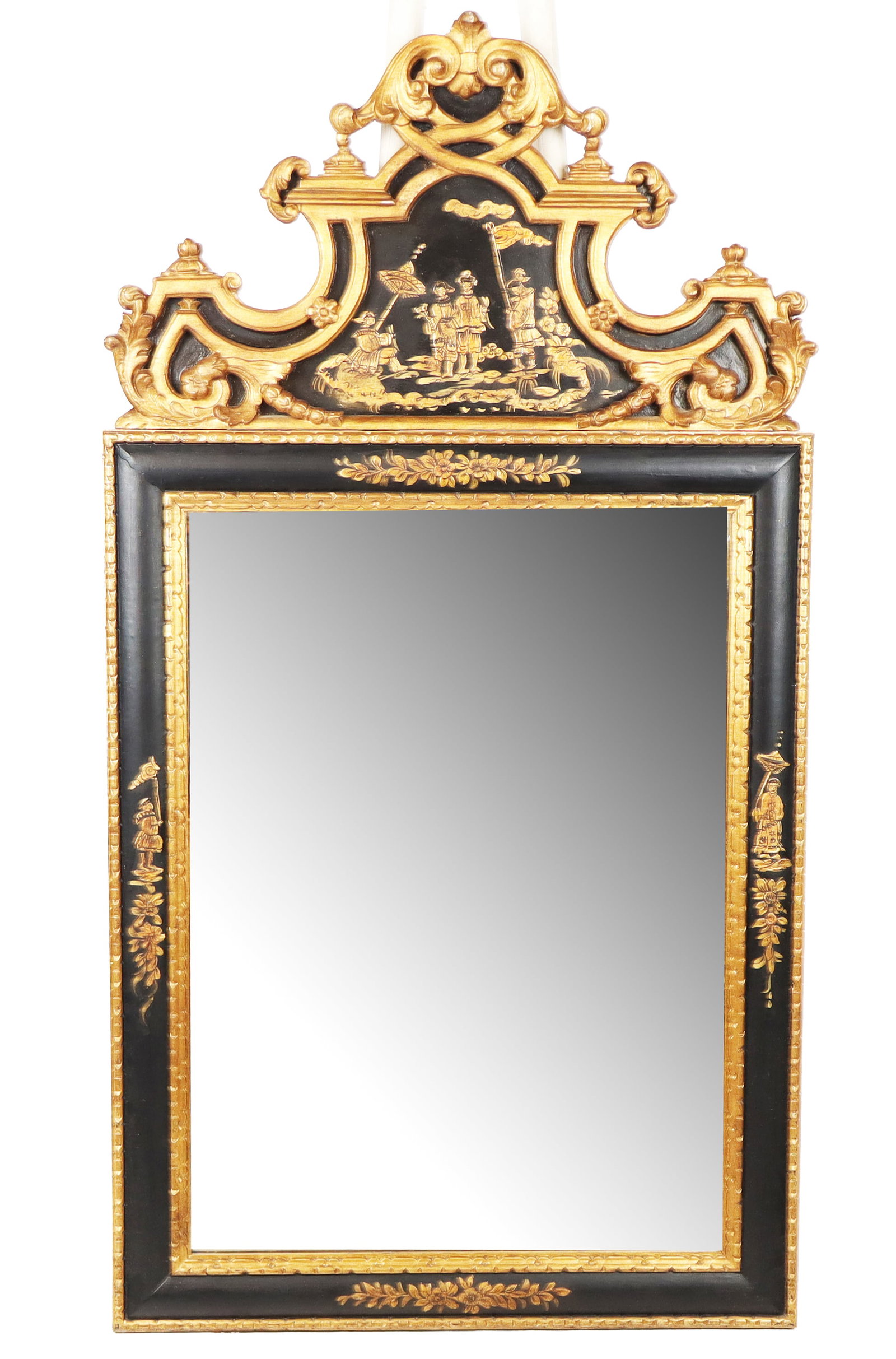 Chinoiserie Carved and Gilt Decorated Mirror: Chinoiserie carved and gilt decorated mirror, 20th century, with figural decoration to crest and sides, and black faux lacquered ground. [56.5" H x 30" W]. Condition is good.