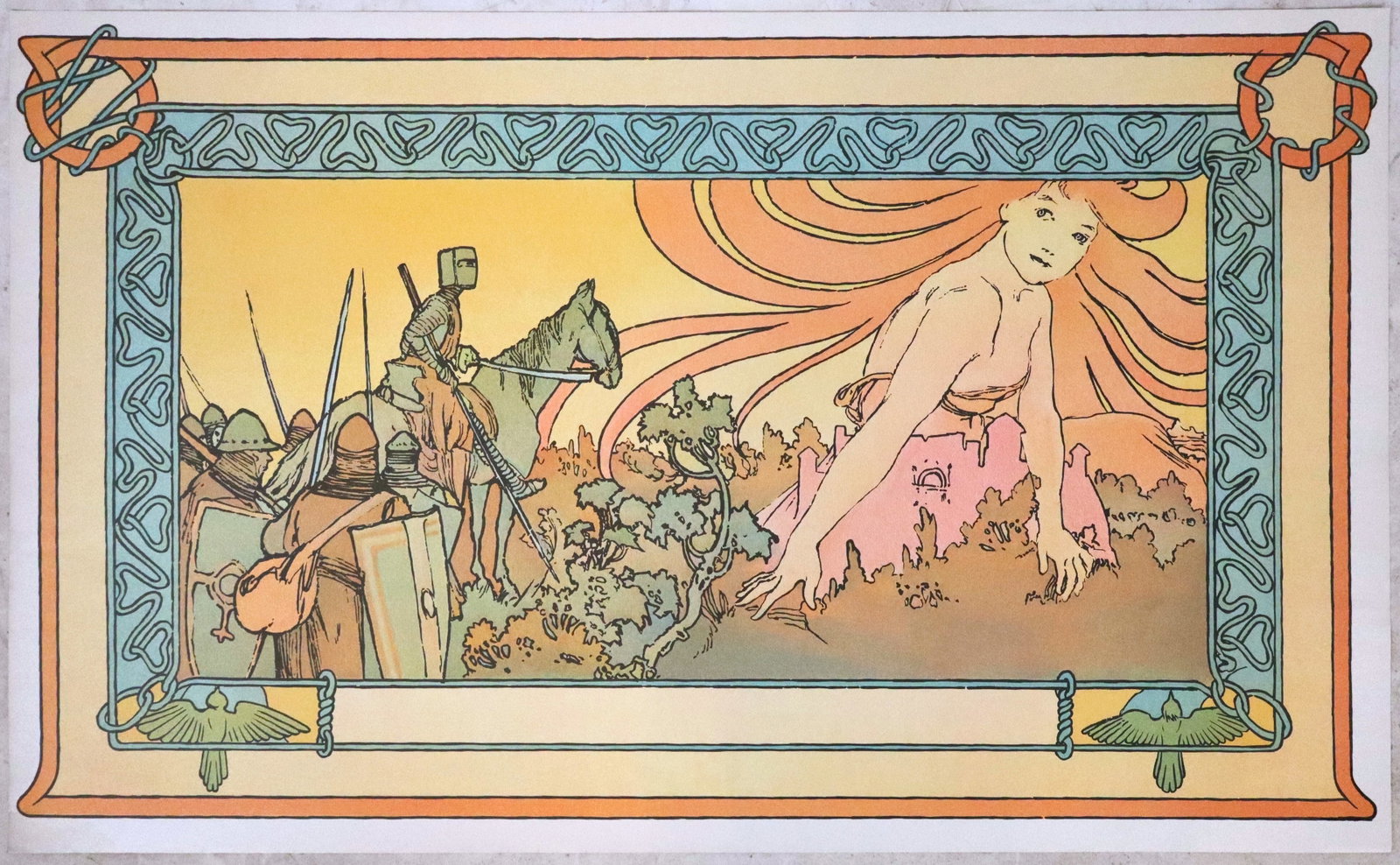 After Alphonse MUCHA "Soldiers Dream" Poster: After Alphonse Mucha (Czech, 1860-1939) lithographic poster on rag paper with a satin finish titled "Soldiers Dream," stamped to verso copyright J.F.F. Associates, 1981, unframed. [Sheet: 23" H x 38"