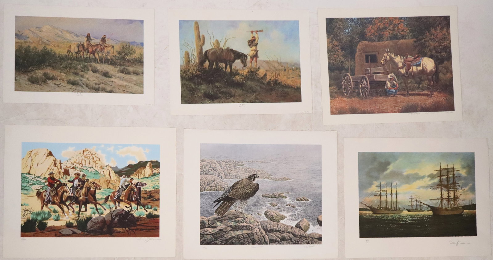 Harry SCHAARE, Eldred JOHNSON & Others, 6 Prints: Collection of six original unframed prints, including: Harry Schaare (American, 1922-2008) color lithograph of cowboys and horses in landscape, pencil signed lower right and numbered lower left