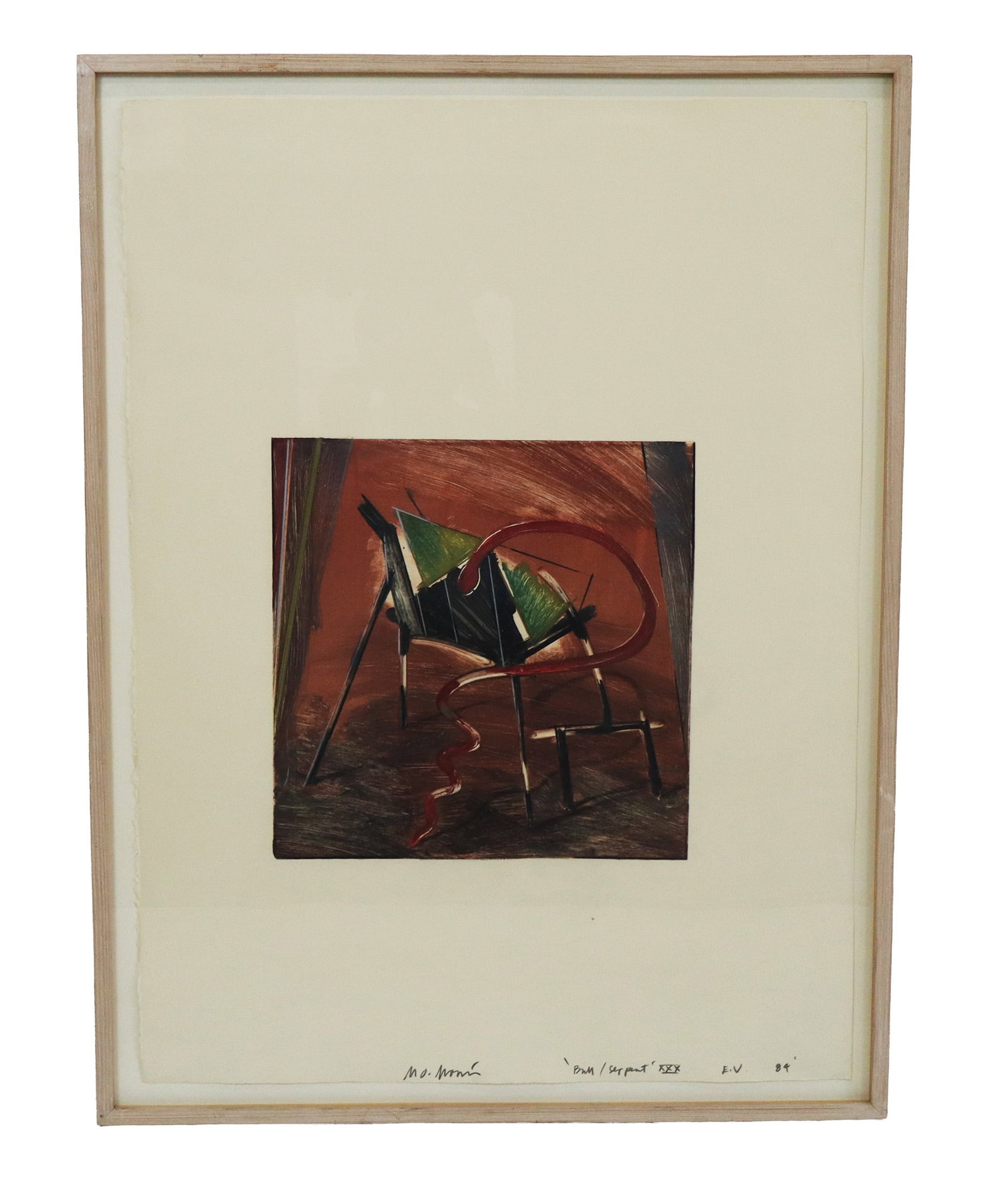 Abstract Colored Lithograph Serpent: Abstract colored lithograph titled "Serpent XXX V" 1984. [Art: 12" Square, Frame: 33" H x 25" W]. Good condition located upstairs on shelf.