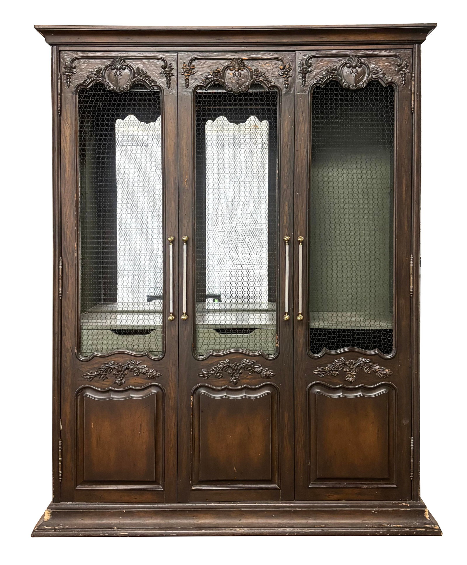 Large French Provincial Bar Cabinet: Large French Provincial dark stained wood bar cabinet with folding inset grille doors opening to a left bar cabinet with mirror back and drawers, the right part being a painted interior cabinet, with