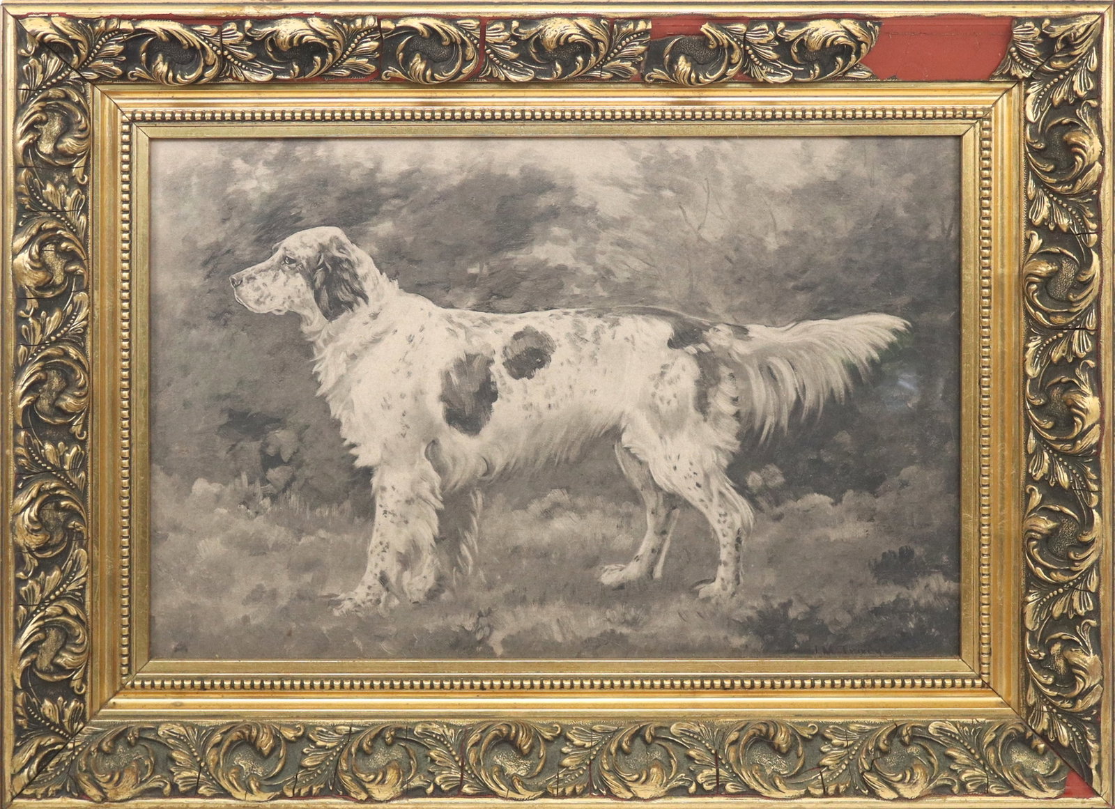 John Martin TRACY English Setter Photogravure: John Martin Tracy (American, 1843-1893) photogravure of an English setter, with printed JM Tracy signature to lower right, in a frame; not inspected outside of frame. [Framed: 18" H x 25" W]. Conditio