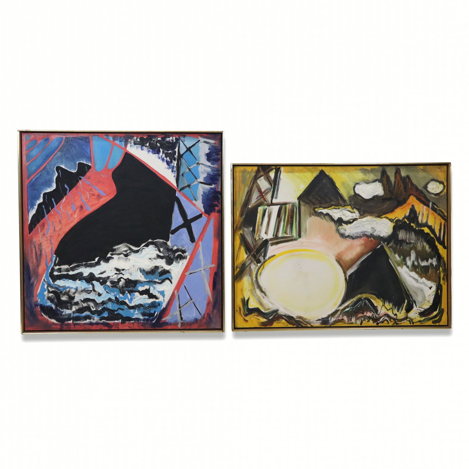 Roberta CROWN 2 Abstract Oil on Canvas: Roberta Crown (American, b. 1946) two abstract oil on canvas compositions featuring expressive multi colored strokes, each signed to verso, framed. [Larger canvas: 30" H x 40" W; Larger frame: 31" H x