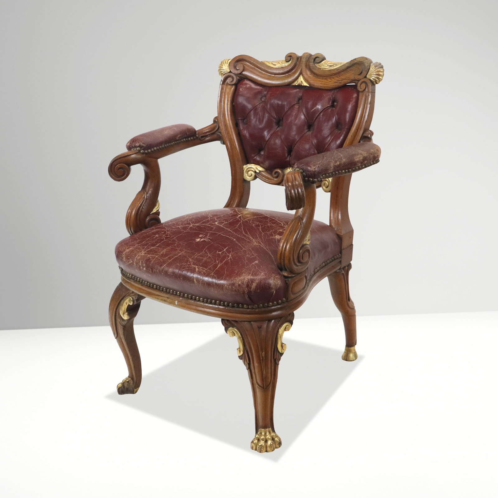 Louis XV Style Carved Walnut Leather Armchair (1 of 13)