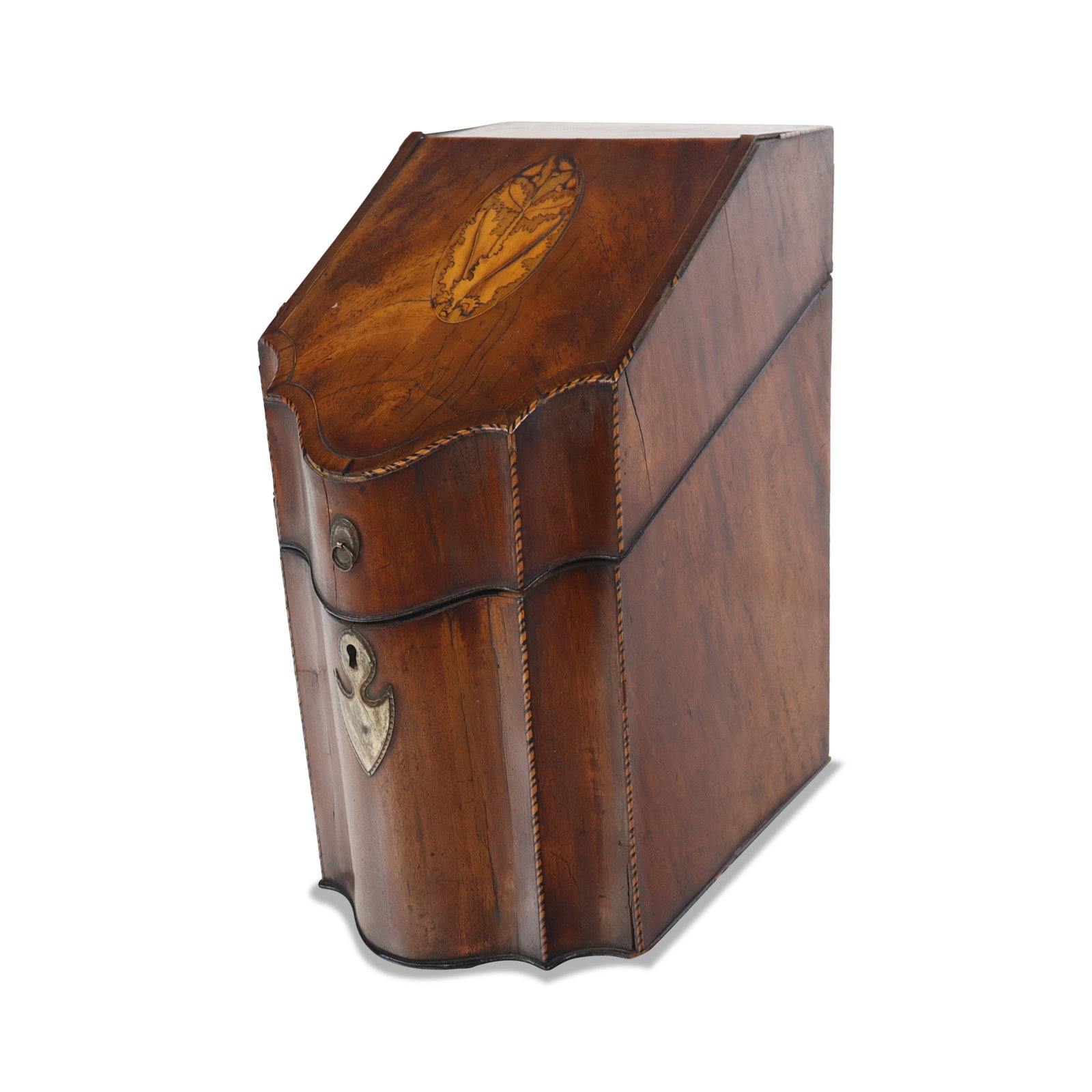 Georgian Inlaid Knife Box: Georgian inlaid knife box, 19th century, with rosewood veneer and floral medallion to upper and silver plate shield decoration to lower. [14.5" H x 8.5" W x 16.5" D]. Condition is good to fair with we