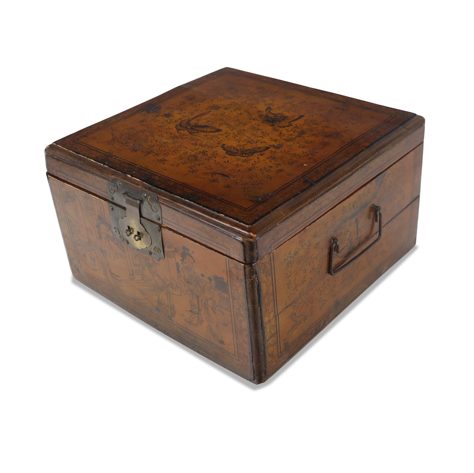 Chinese Hand-Painted Table Box: Chinese hand-painted table box, 19th century, with butterfly decoration at top and sides, and figural decoration to lower front, mounted in brass at handles and closure, with a silk lining. [8.5" H x 