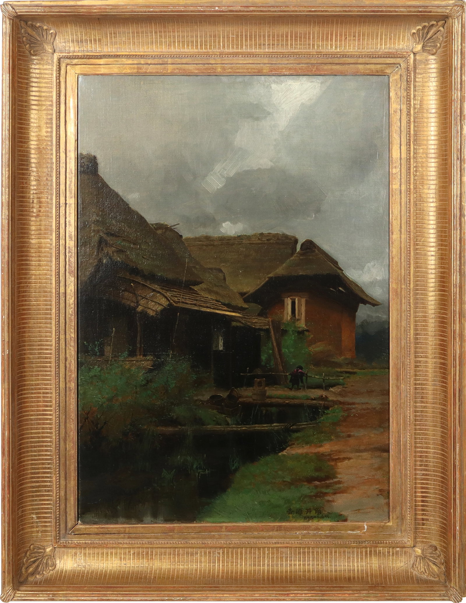 Sumi ATSUKICHI "House on the Creek" Oil on Canvas: Sumi Atsukichi (Japan, 20th century) "House on the Creek" oil on canvas, signed in Japanese to lower, with a label from Alexander Gallery affixed to verso, in a frame. [38" H x 29" W]. Condition is go