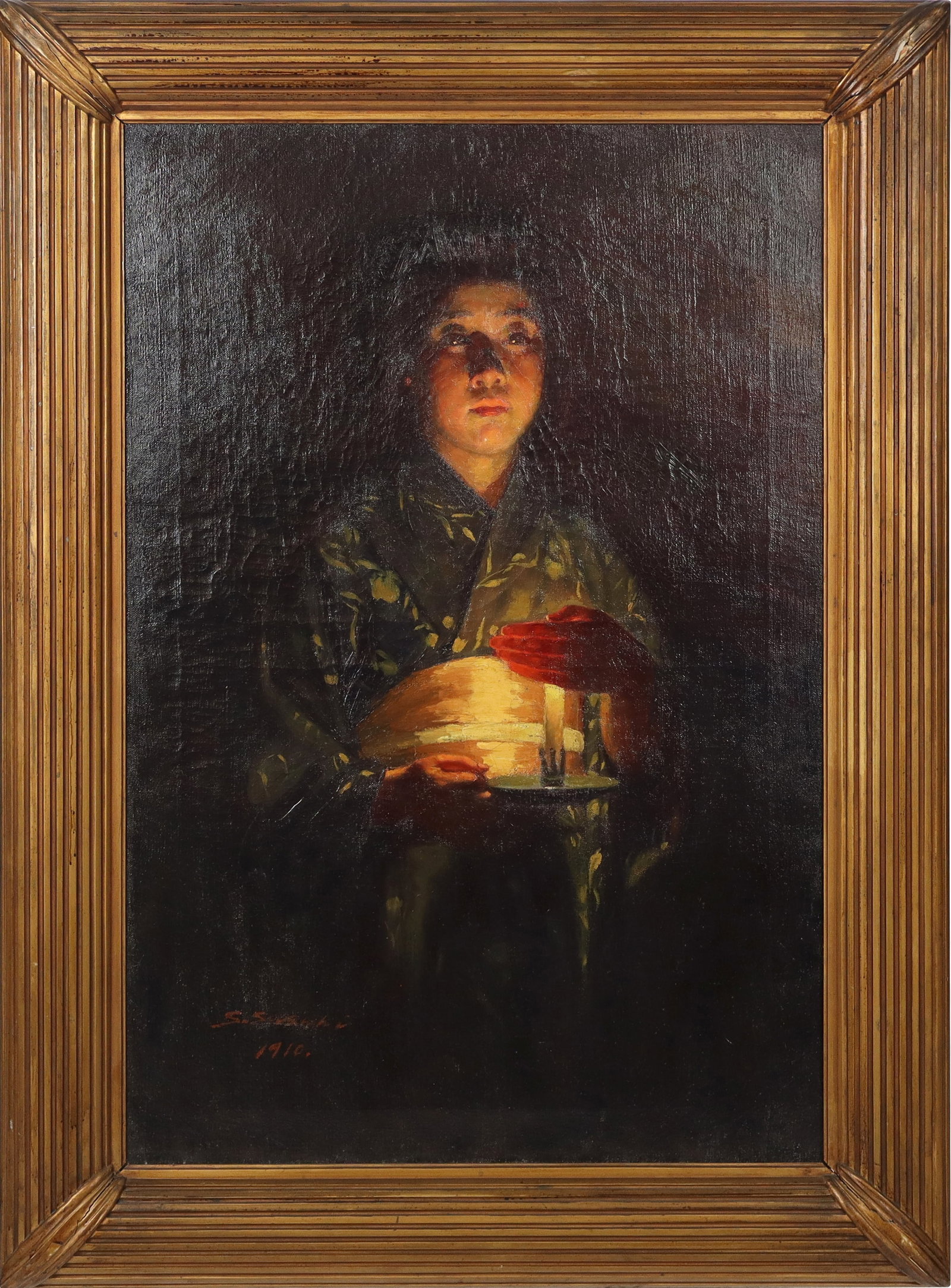 Figural Oil on Canvas: Figural oil on canvas, 1910, signed S. Suzuki to lower with date, with additional Japanese inscription to verso at stretcher, in a frame. [Framed: 44.5" H x 32" W]. Condition is good.