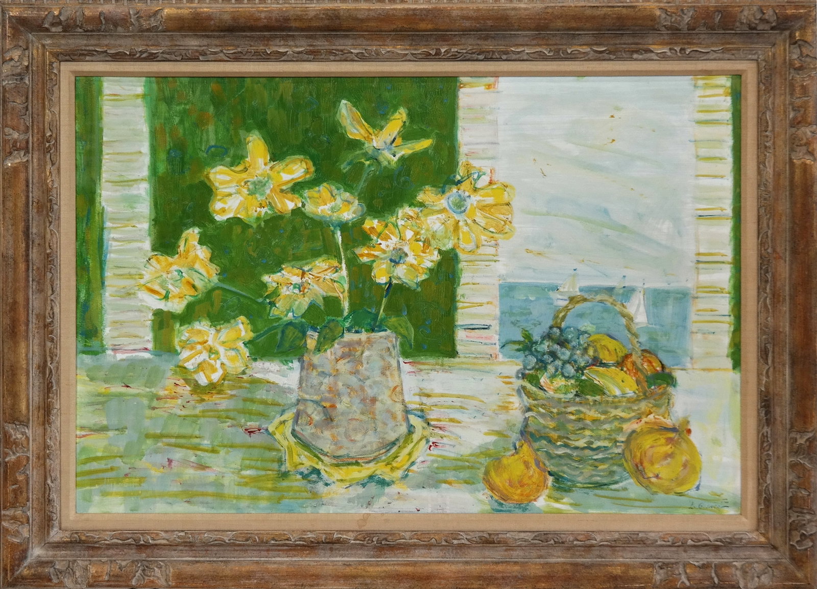 Leon Gilmour Junior Still Life Oil on Panel: Leon Gilmour Junior (Russia/France, b. 20th century) still life oil on panel with flowers, signed L. Gilmour Junior to lower right, in a frame. [Framed: 32" H x 44.5" W]. Condition is good.