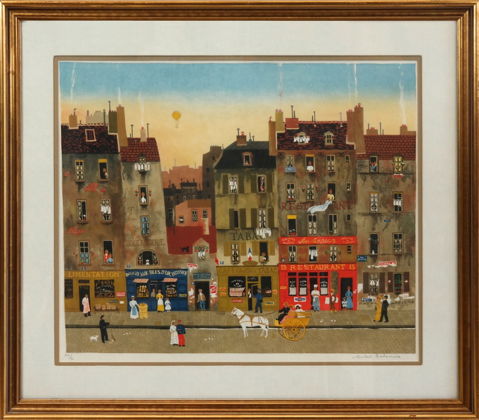 Michel DELACROIX Street Scene Lithograph: Michel Delacroix (France, b. 1933) lithograph of a Paris street scene, edition 90/100, signed and editioned to lower in graphite, in a frame. [Framed: 29" H x 33" W]. Condition is good.