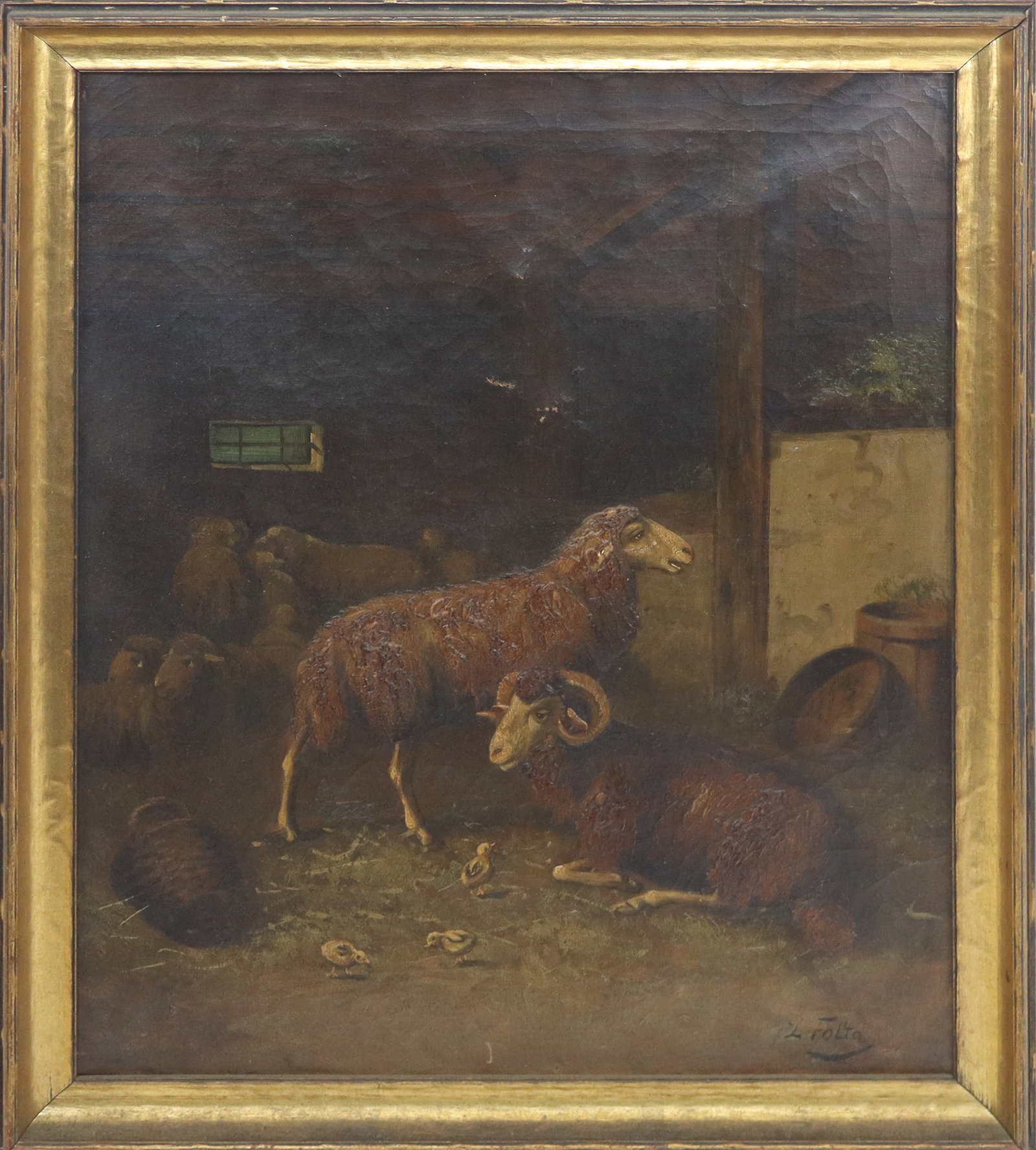 L. Folta Pastoral Oil on Canvas with Sheep: L. Folta, active early 19th century, pastoral oil on canvas with sheep and chicks, painted with impasto detail, signed L. Folta to lower right, in a frame. [Framed: 24" H x 19.25" W]. Condition is goo