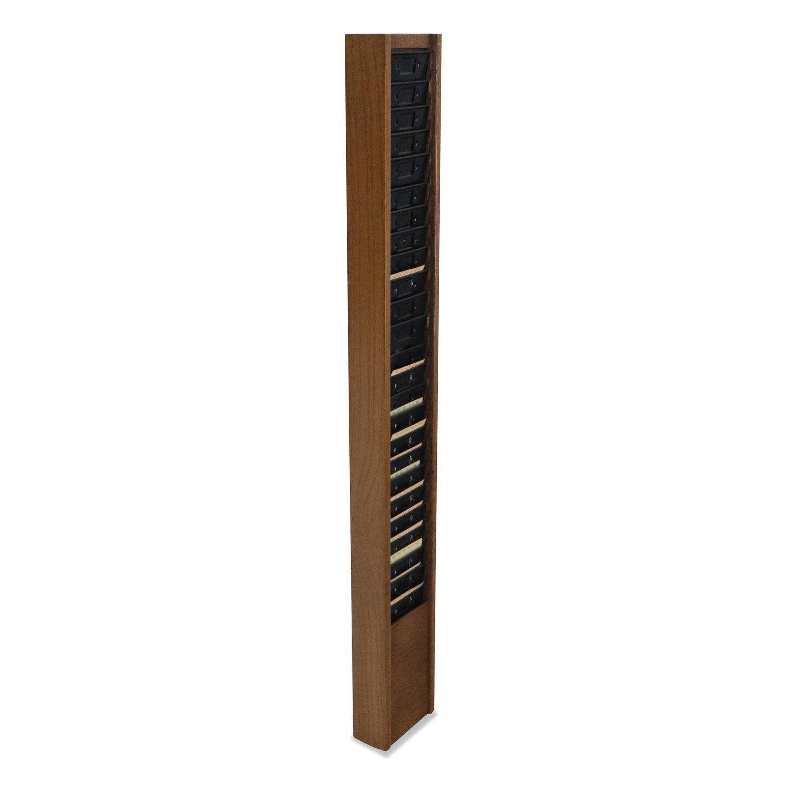 Vintage Punch Card Holder: Vintage punch card holder, circa 1970s, with a wood frame and black painted metal slots. [43" H x 4.5" W x 2.5" D]. Condition is good.
