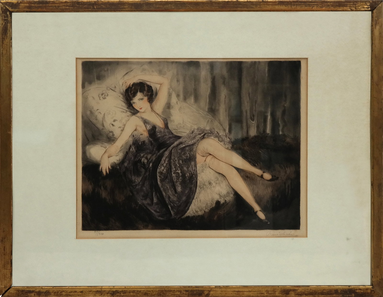 Rene LUCIEN Reclining Lady, Color Engraving: Art Deco colored engraving of a reclining lady, pencil signed lower right "Rene Lucien" and numbered lower left 37/350, copyright 1927 by Hautecoeur Freres & Co., Paris, matted and framed. [Plate: 14"