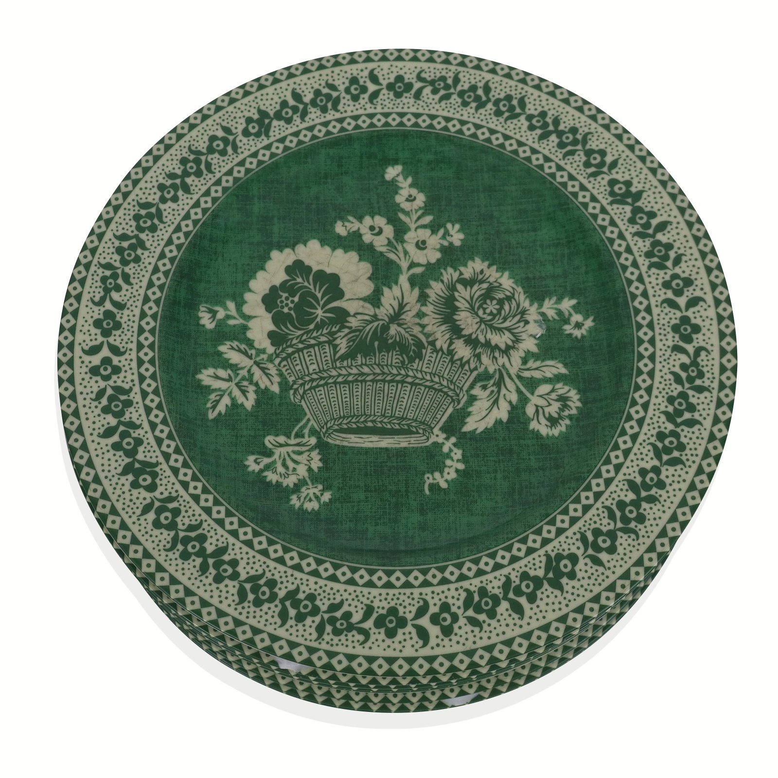 Patrick Frey "Paniers Fleuris" Dinner Plates, 10: Patrick Frey set of ten "Paniers Fleuris" pattern green dinner plates, Limoges, marks to reverse. [10.5" Diameter]. Overall condition is good, 3 with chips to rim, with signs of normal wear.